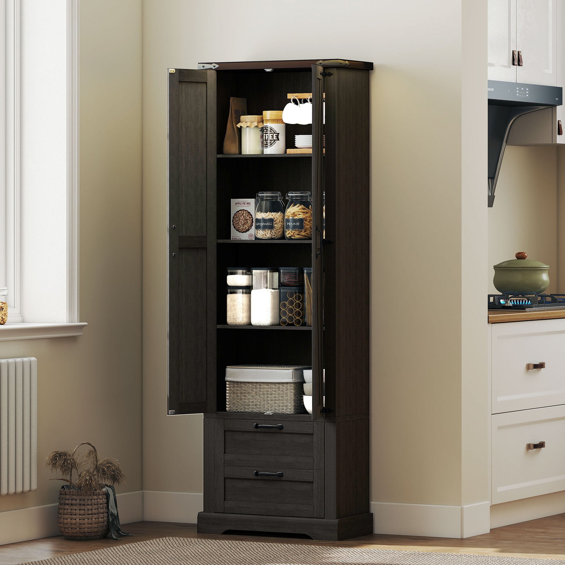 Kitchen Pantry Cabinet 71" Farmhouse Storage - 2 Drawers Black-DECOROLALA