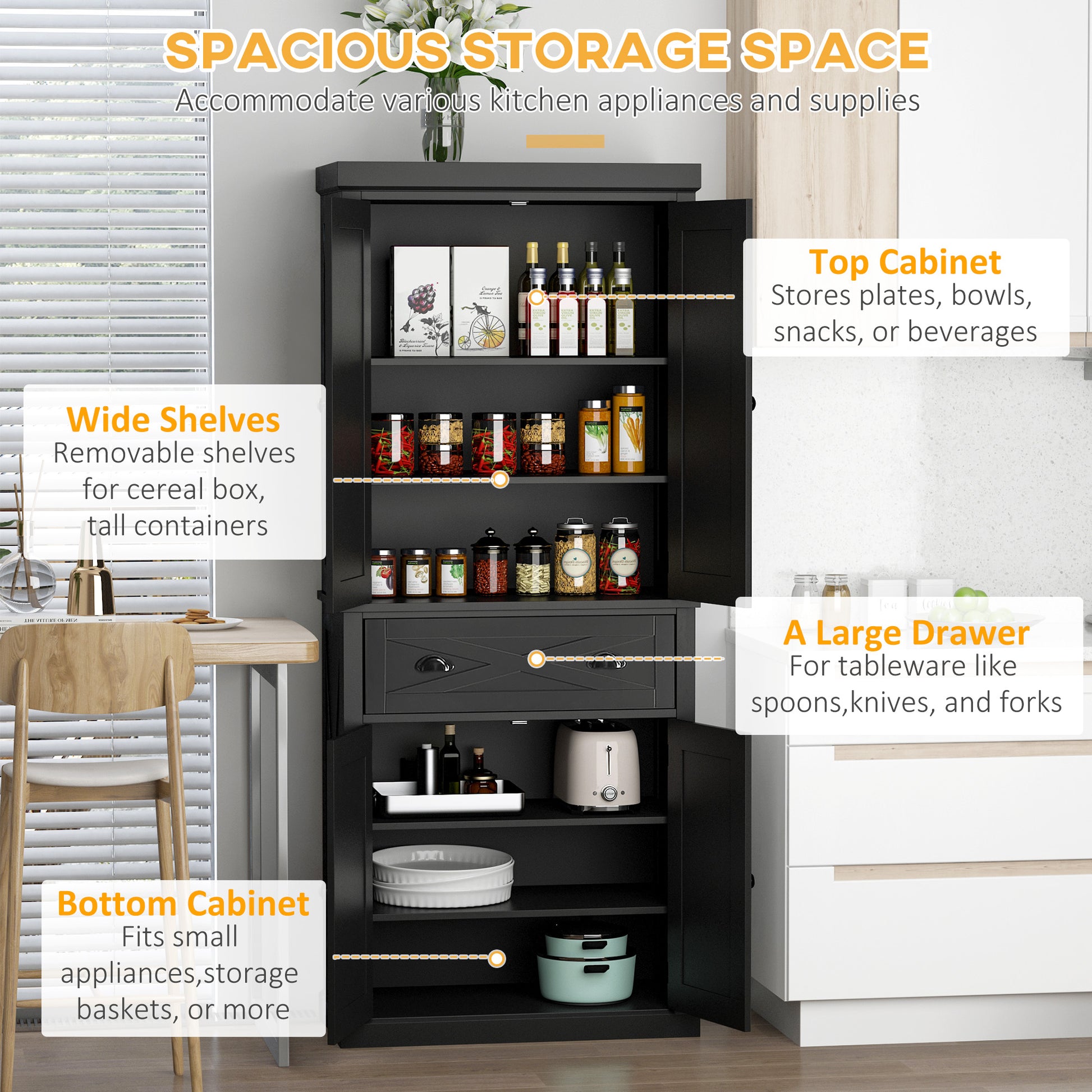 Kitchen Pantry Cabinet 72.5" 4-Door Black-DECOROLALA