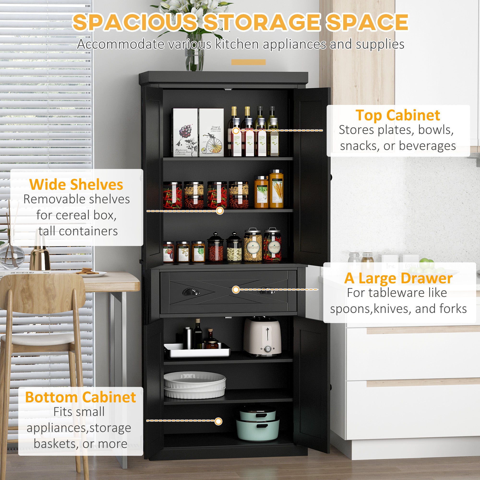 Kitchen Pantry Cabinet 72.5" 4-Door Black-DECOROLALA