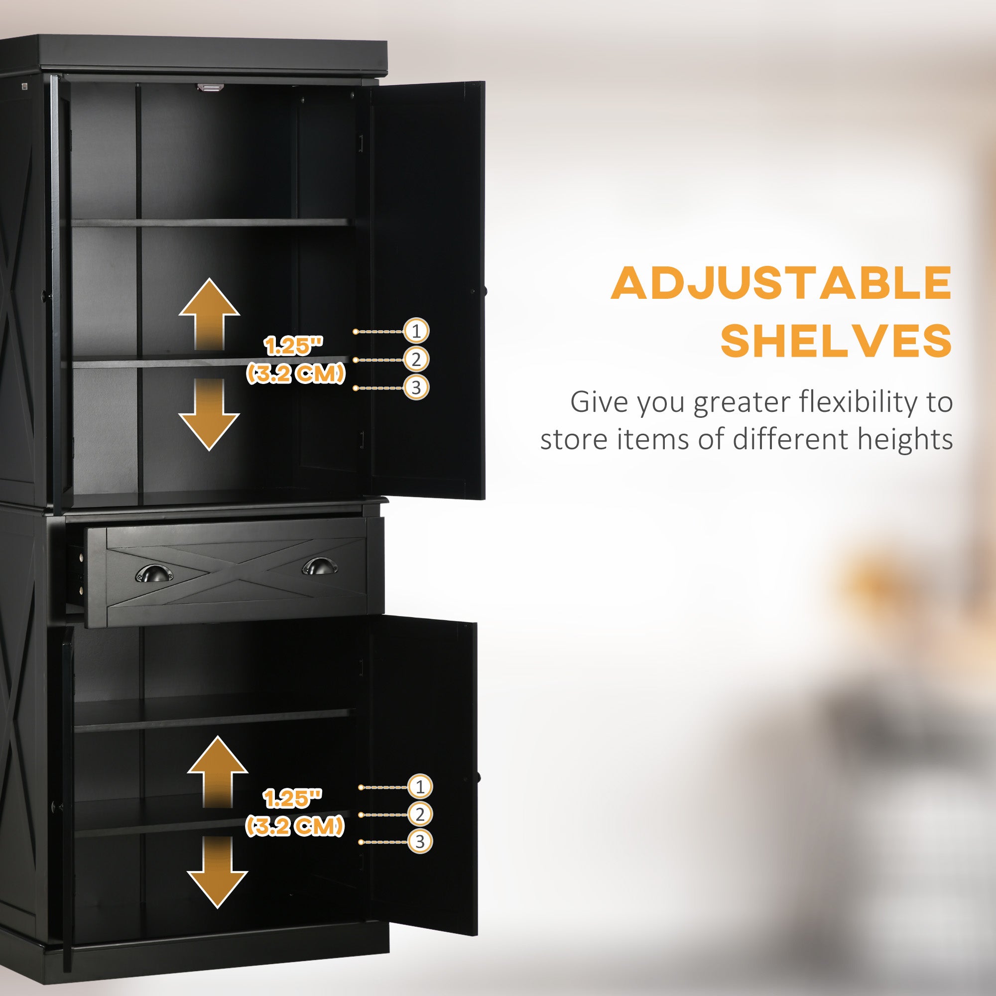 Kitchen Pantry Cabinet 72.5" 4-Door Black-DECOROLALA