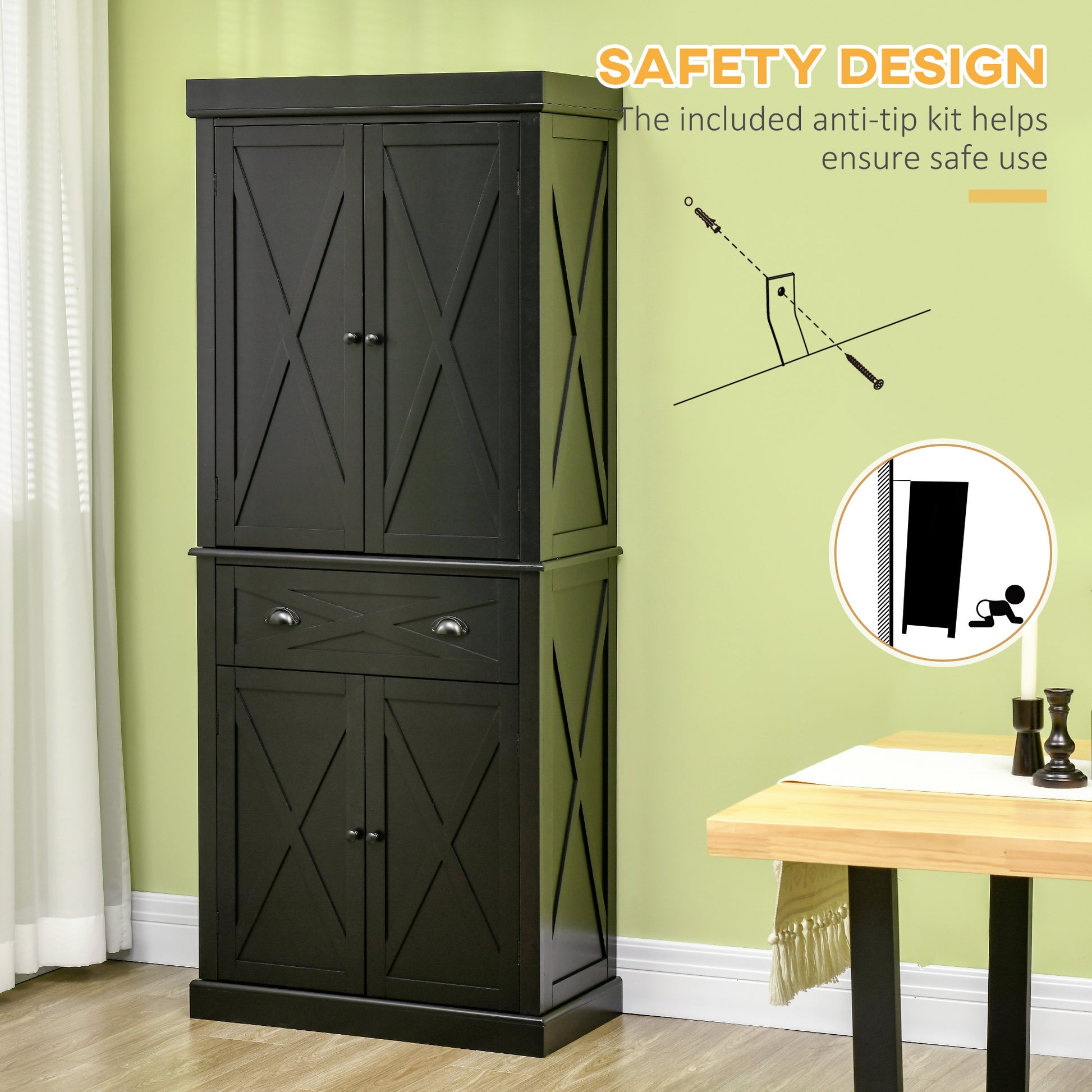 Kitchen Pantry Cabinet 72.5" 4-Door Black-DECOROLALA