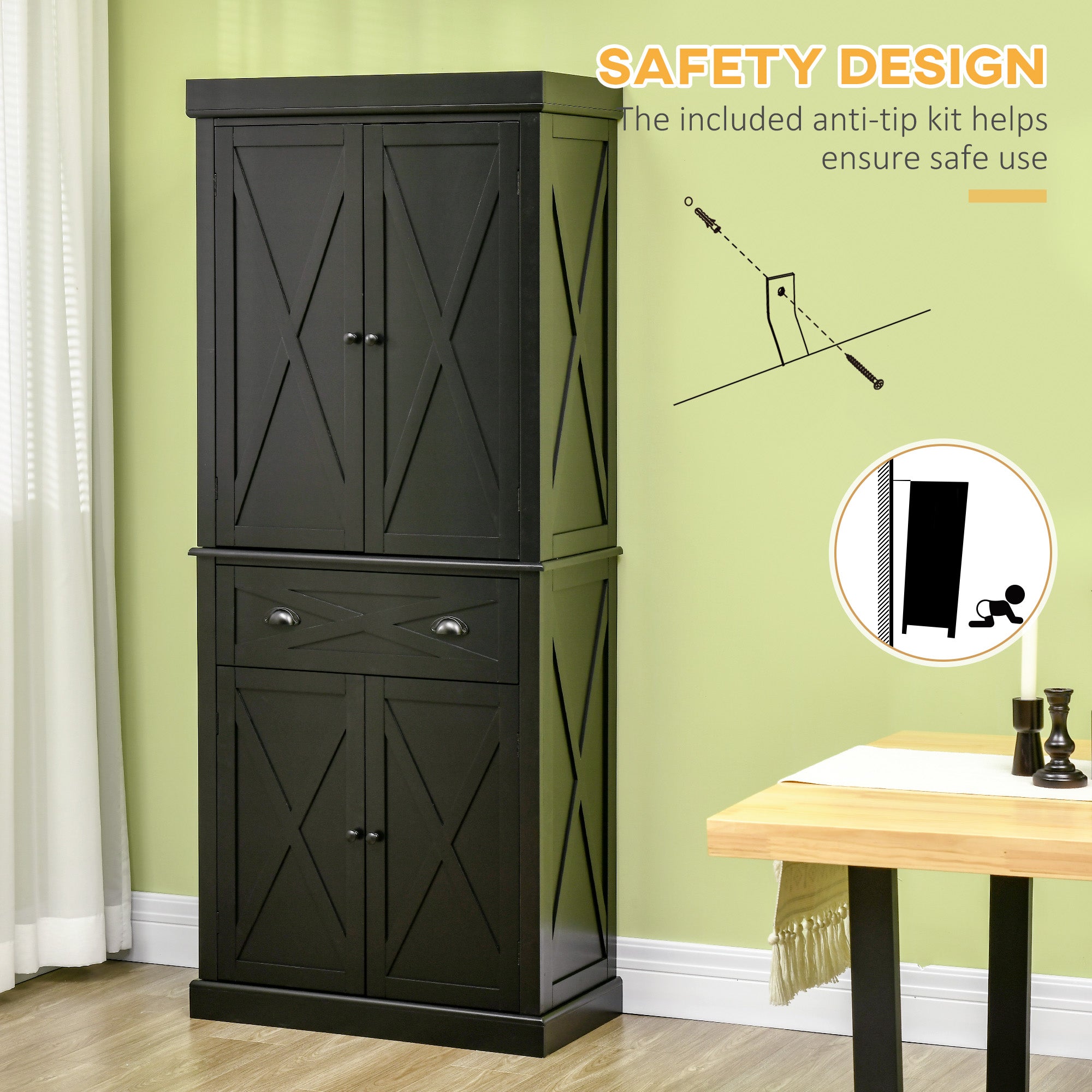Kitchen Pantry Cabinet 72.5" 4-Door Black-DECOROLALA