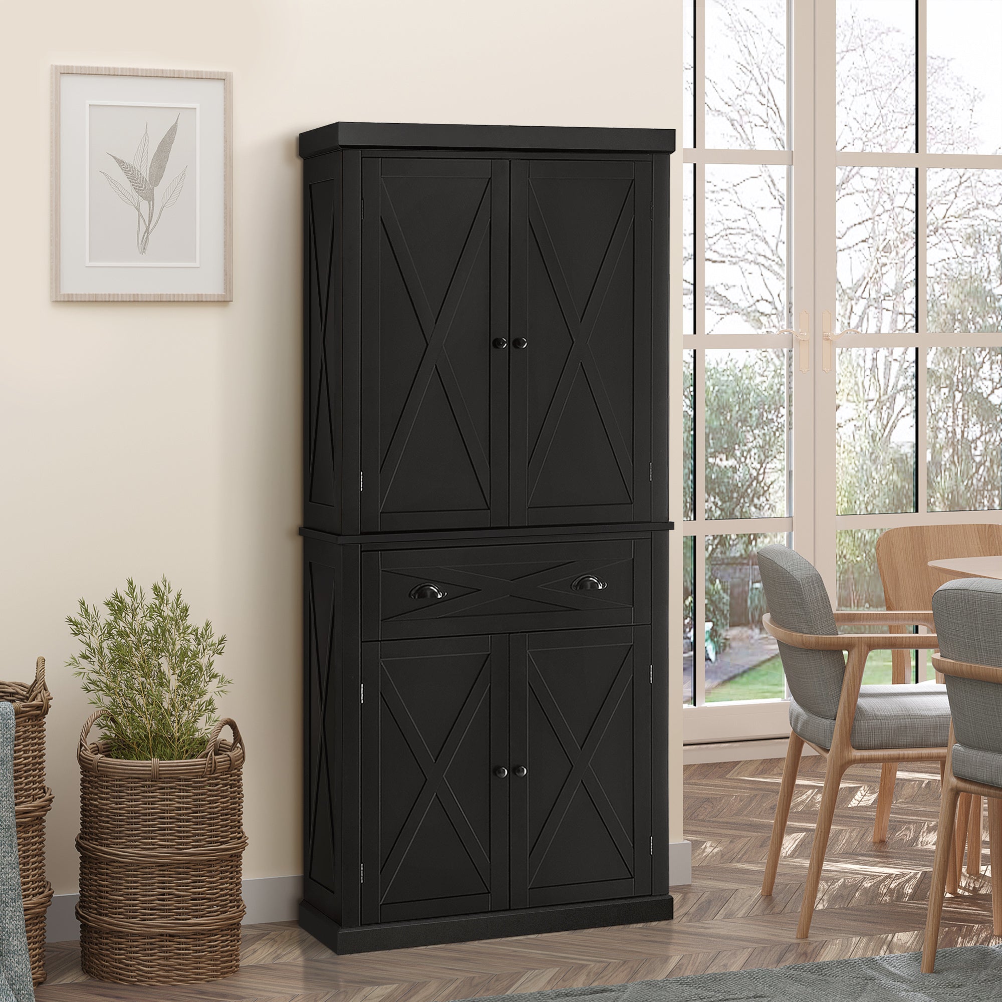 Kitchen Pantry Cabinet 72.5" 4-Door Black-DECOROLALA