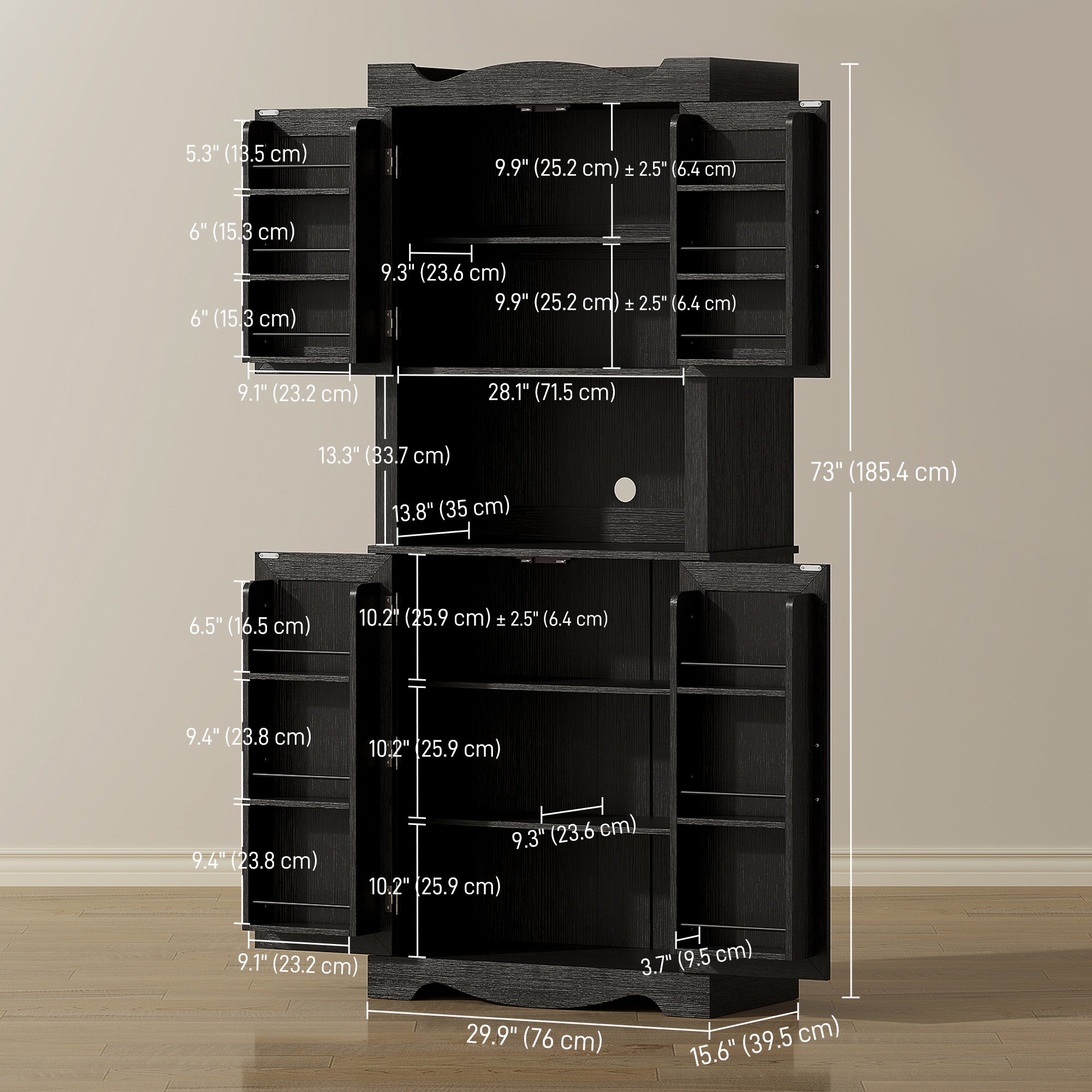 Kitchen Pantry Cabinet 73" Black - 12 Shelves Microwave Stand-DECOROLALA