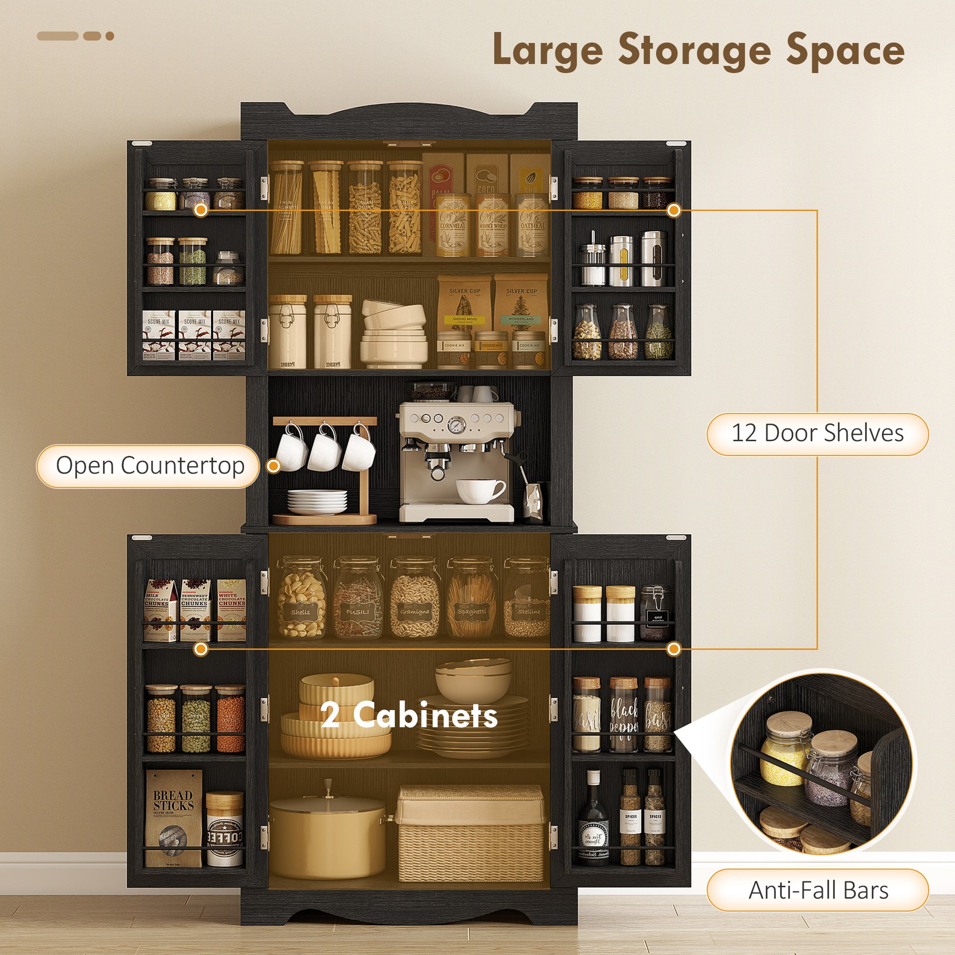 Kitchen Pantry Cabinet 73" Black - 12 Shelves Microwave Stand-DECOROLALA
