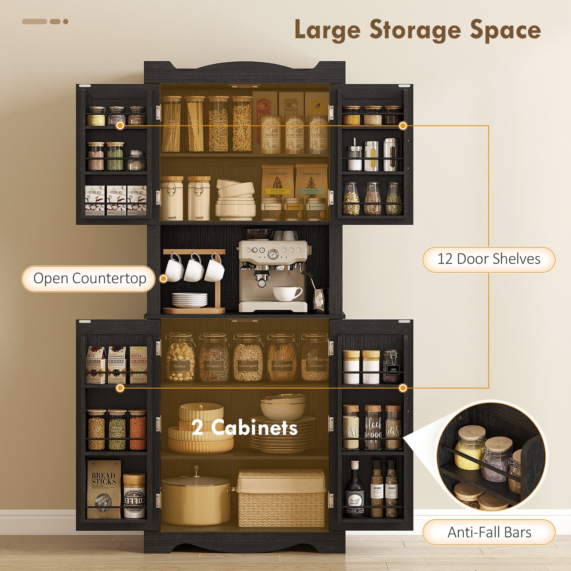 Kitchen Pantry Cabinet 73" Black - 12 Shelves Microwave Stand-DECOROLALA