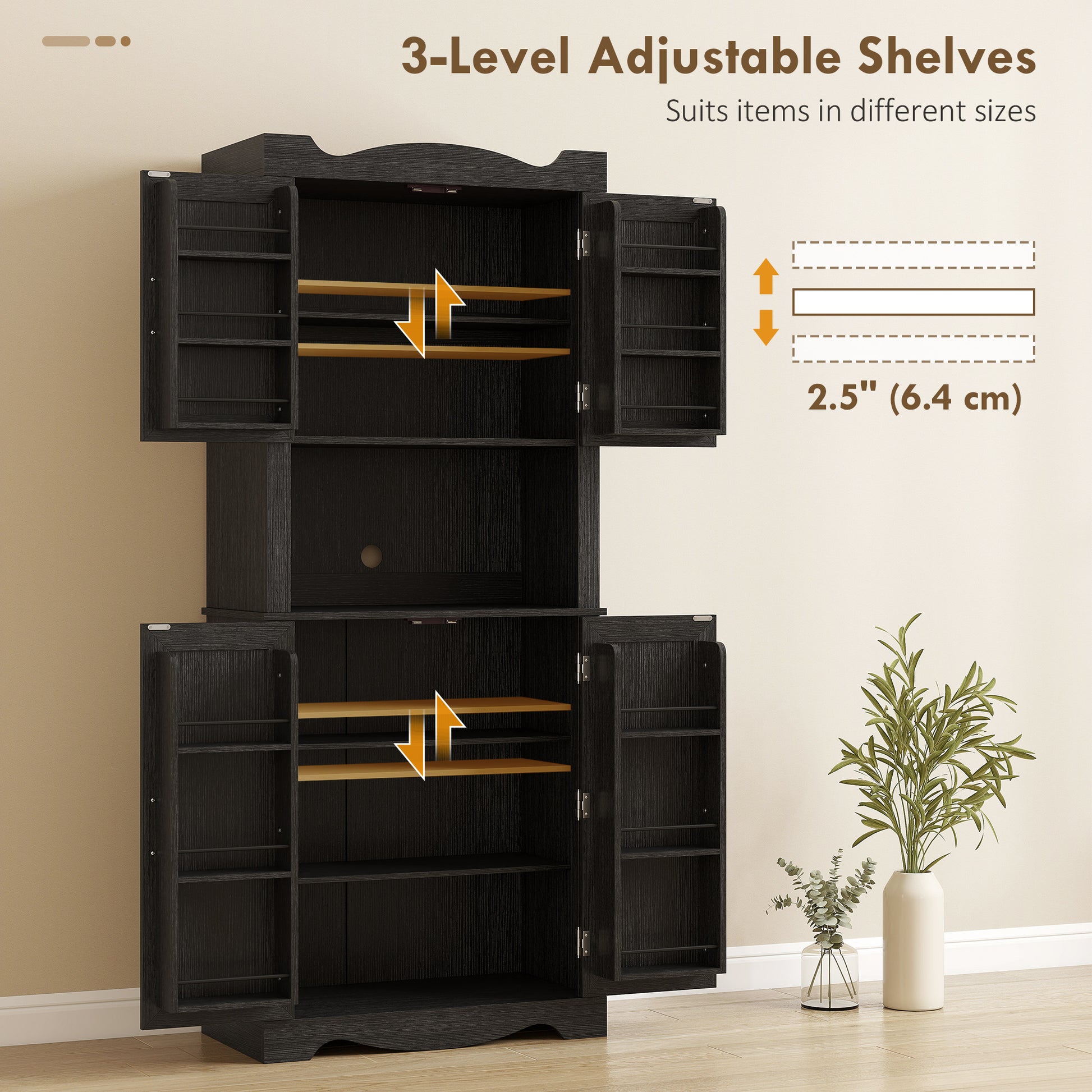 Kitchen Pantry Cabinet 73" Black - 12 Shelves Microwave Stand-DECOROLALA
