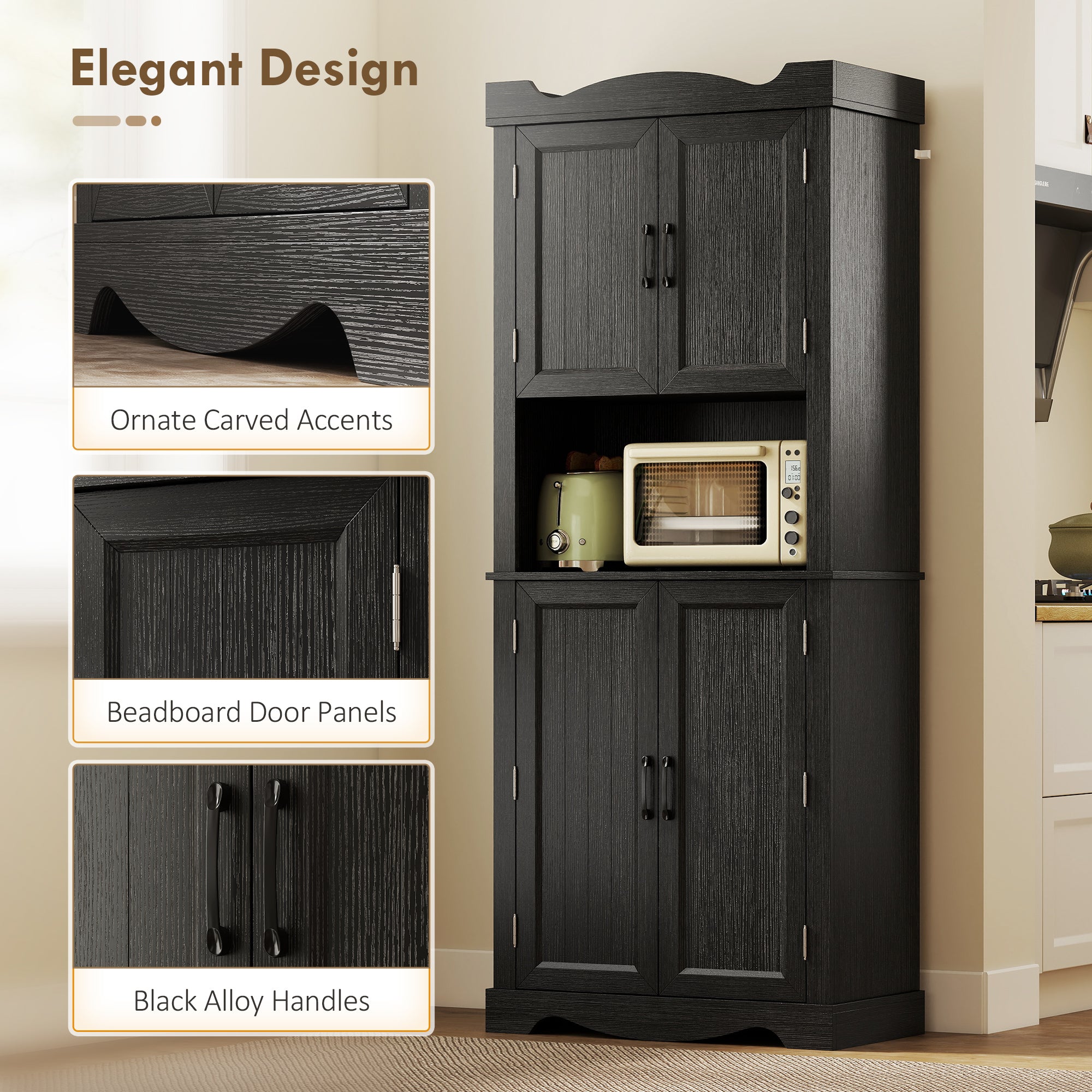Kitchen Pantry Cabinet 73" Black - 12 Shelves Microwave Stand-DECOROLALA