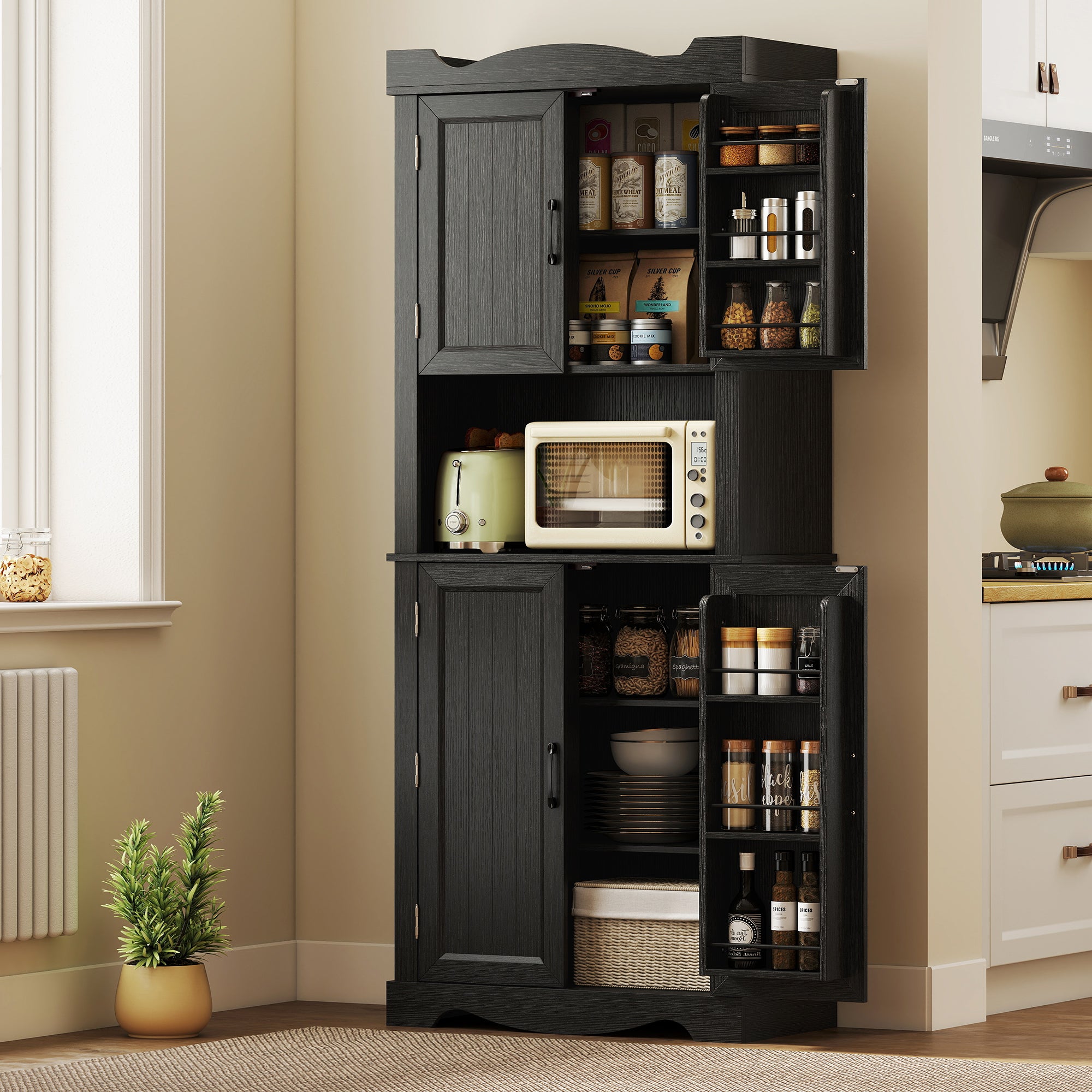 Kitchen Pantry Cabinet 73" Black - 12 Shelves Microwave Stand-DECOROLALA