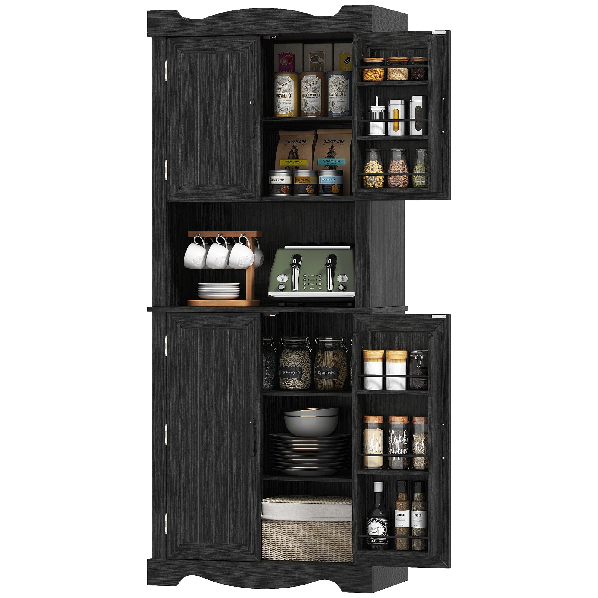 Kitchen Pantry Cabinet 73" Black - 12 Shelves Microwave Stand-DECOROLALA