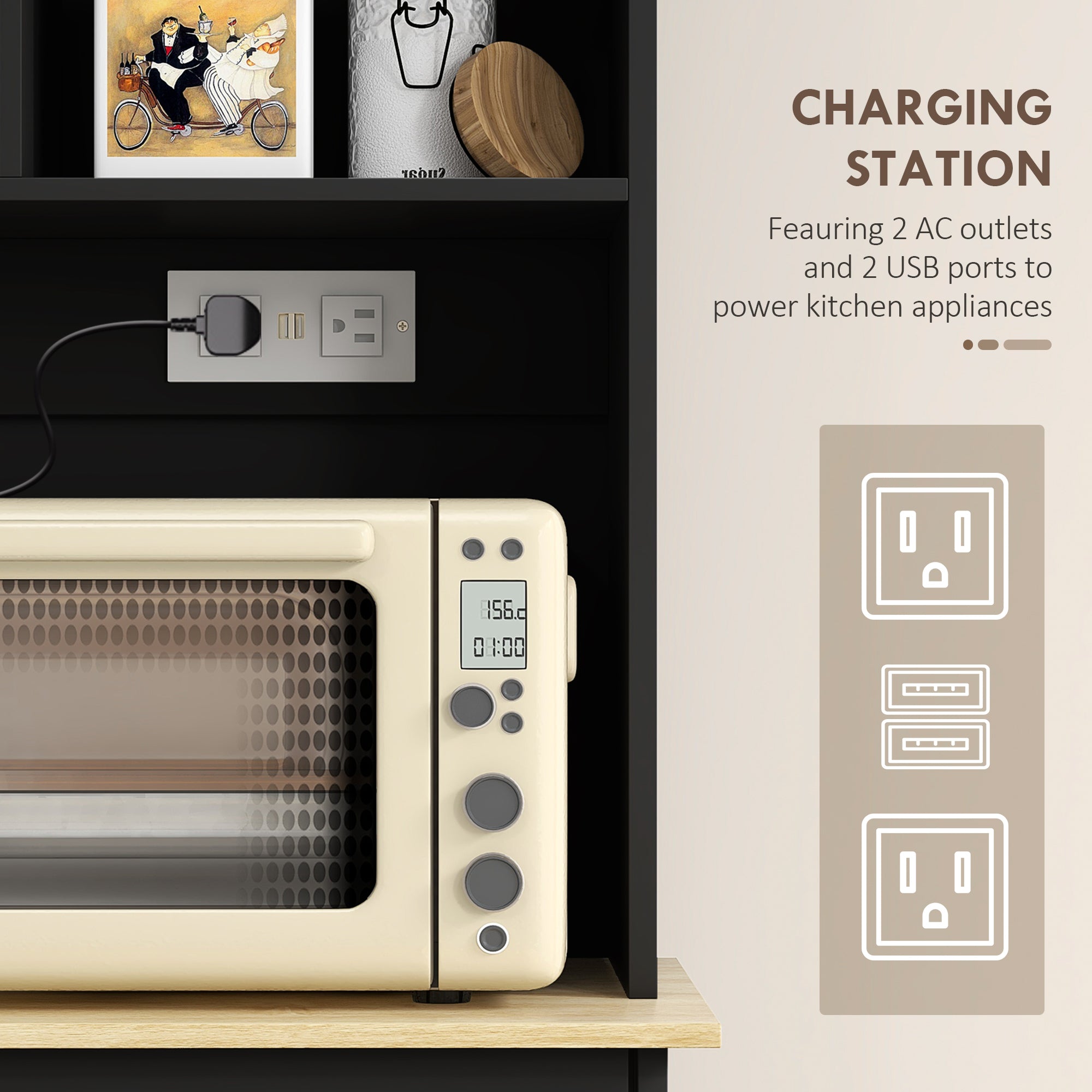 Kitchen Pantry Cabinet - Black Charging Station-DECOROLALA