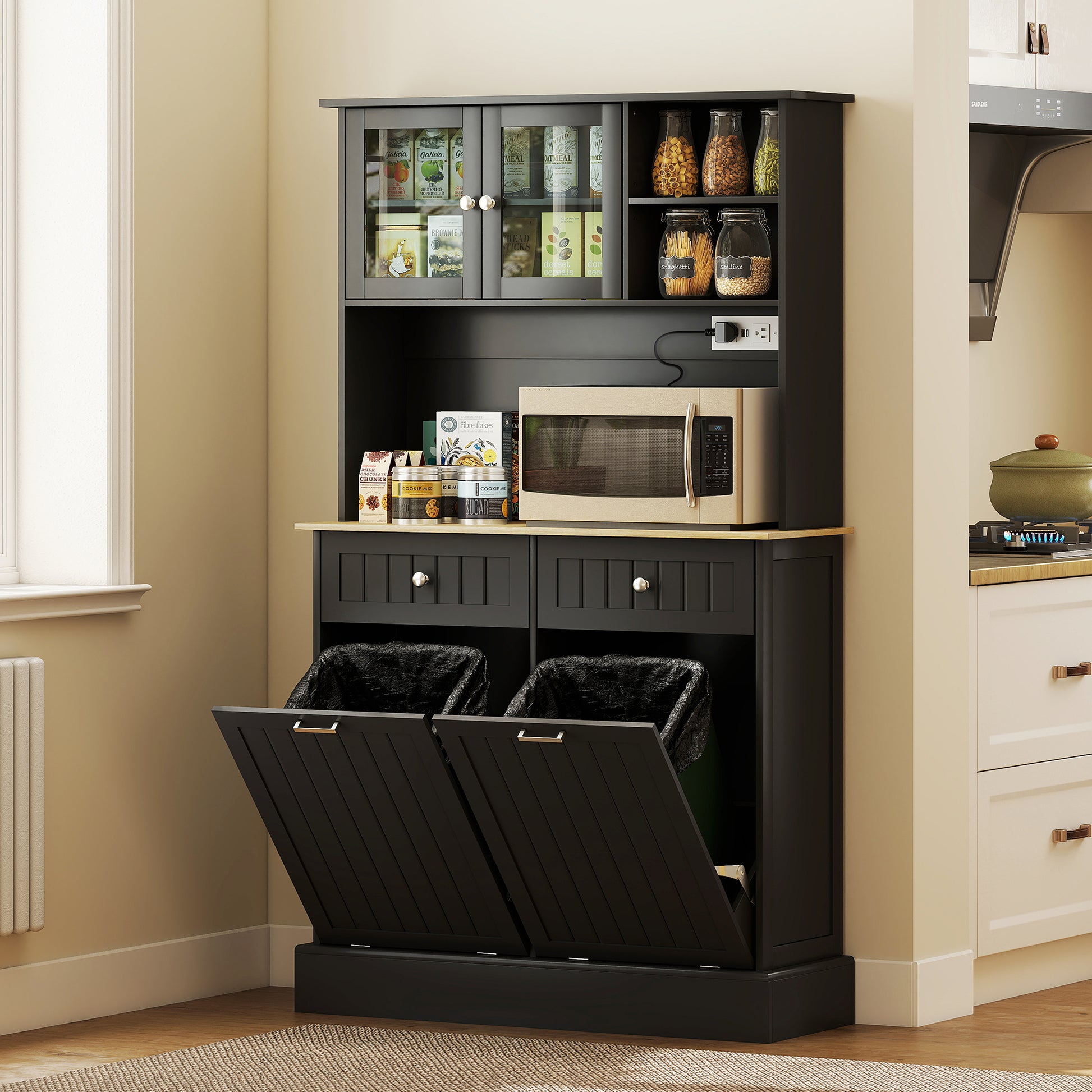 Kitchen Pantry Cabinet - Black Charging Station-DECOROLALA