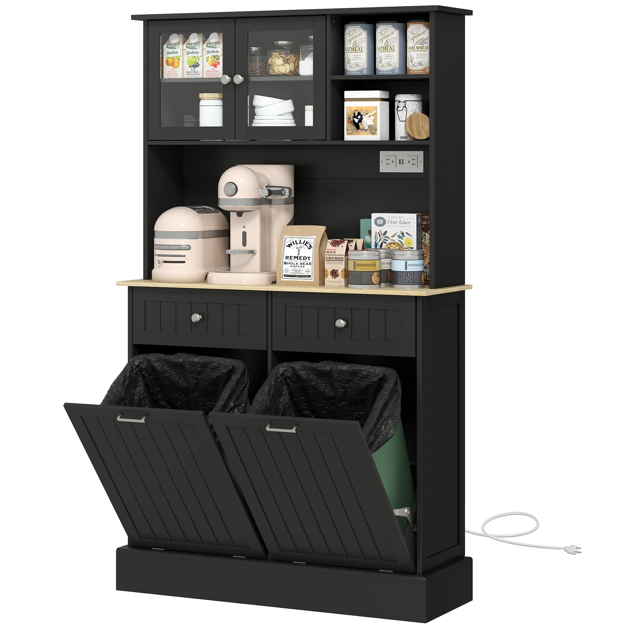 Kitchen Pantry Cabinet - Black Charging Station-DECOROLALA