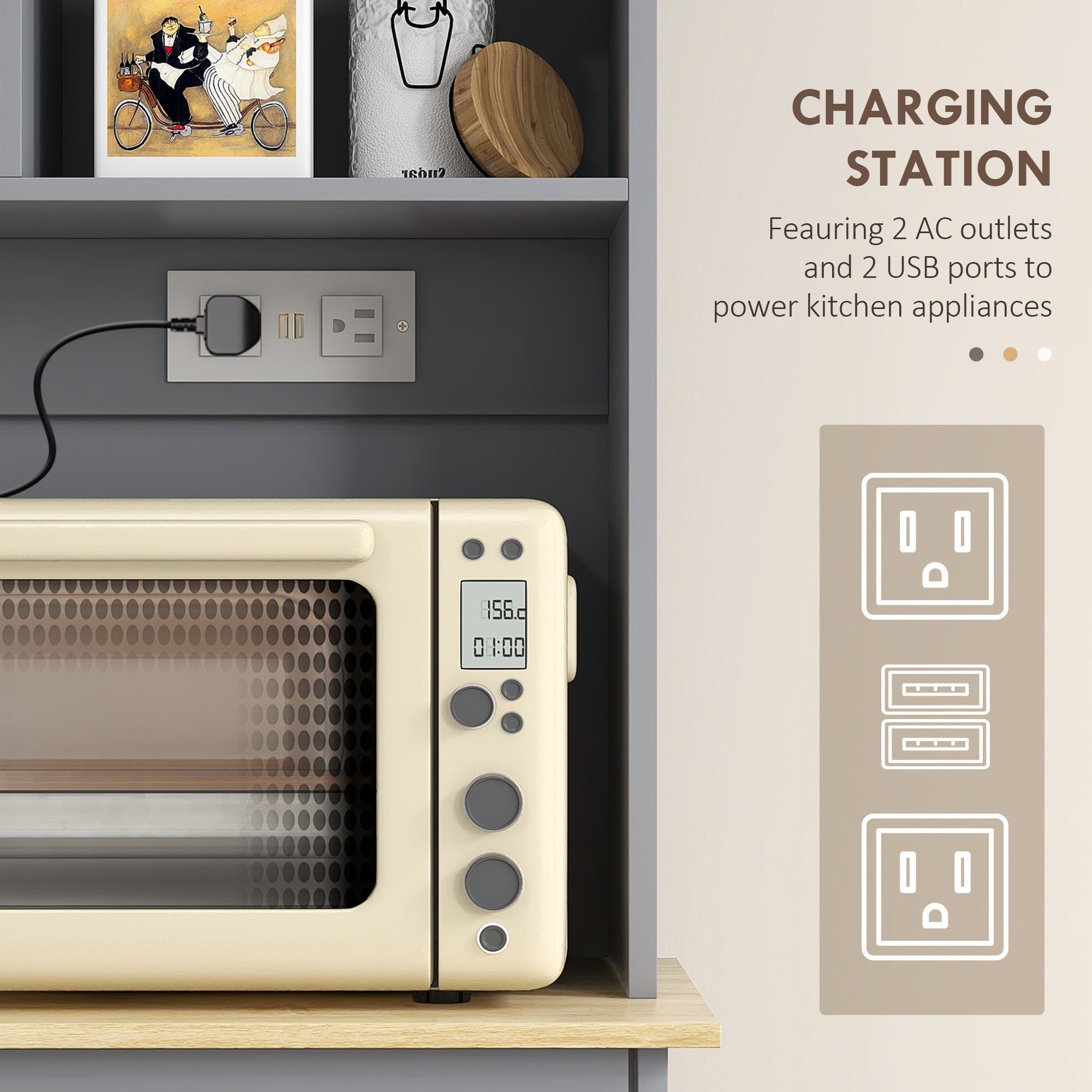 Kitchen Pantry Cabinet - Grey Charging Station-DECOROLALA