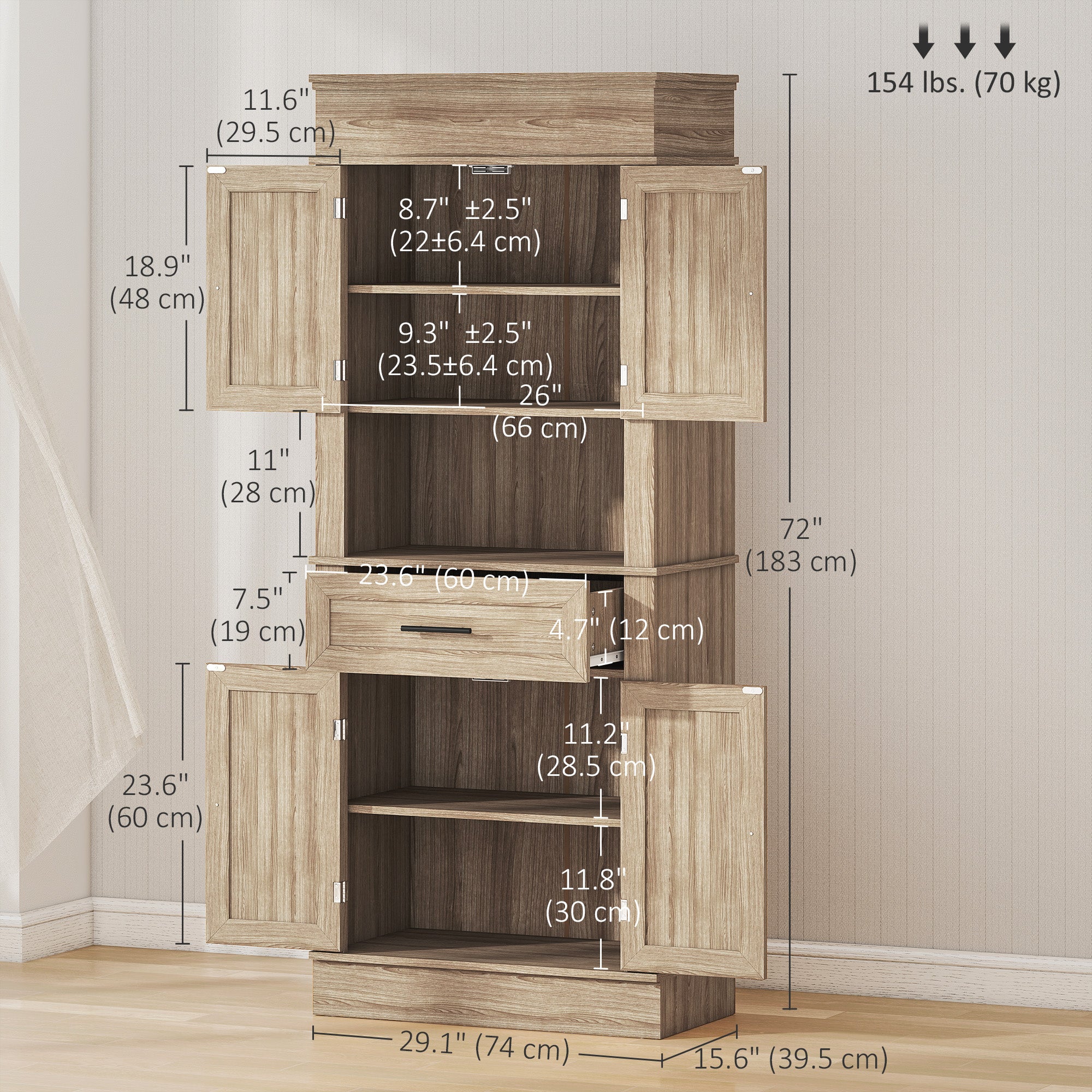 Kitchen Pantry Cabinet - Oak 72" Adjustable Shelves-DECOROLALA