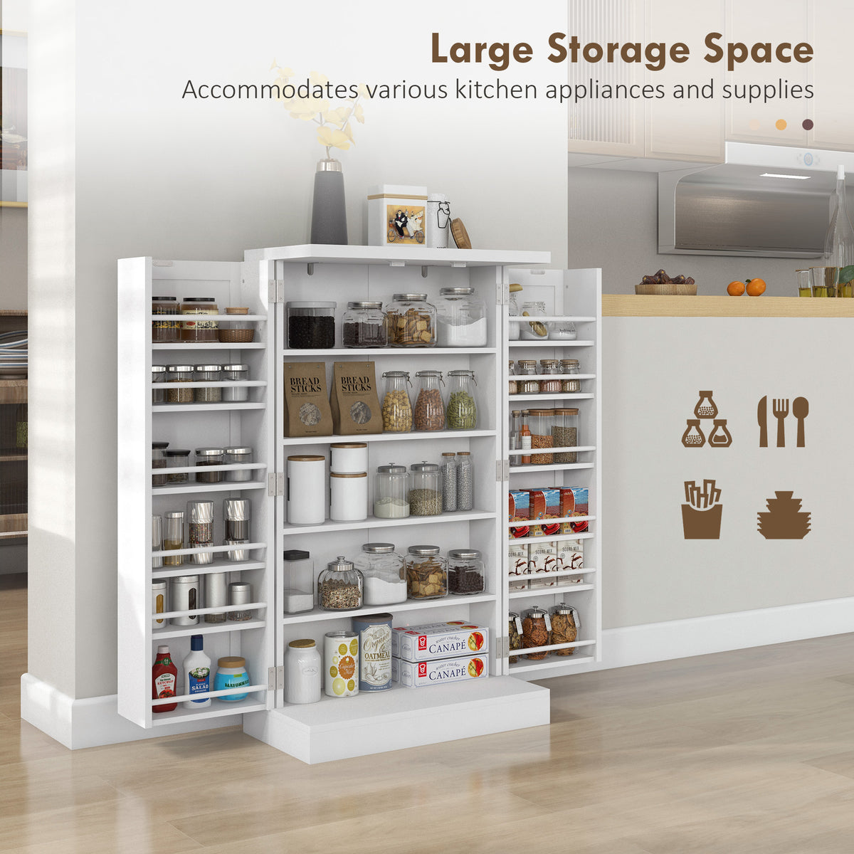 Kitchen Pantry Cabinet - White 5-Tier Storage with Spice Racks-Home Furnishings > Storage & Organization > Kitchen Pantry Cabinets-DECOROLALA