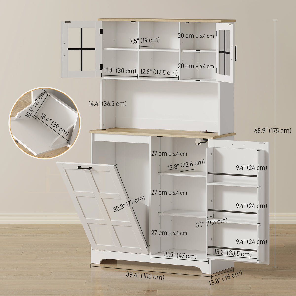 Kitchen Pantry Cabinet - White with Charging, 7-Gallon Trash, Shelves-Pantry Cabinets-DECOROLALA