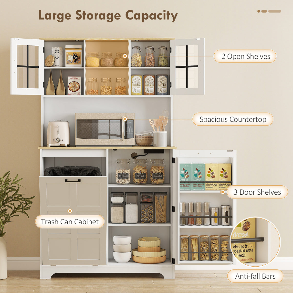 Kitchen Pantry Cabinet - White with Charging, 7-Gallon Trash, Shelves-Pantry Cabinets-DECOROLALA