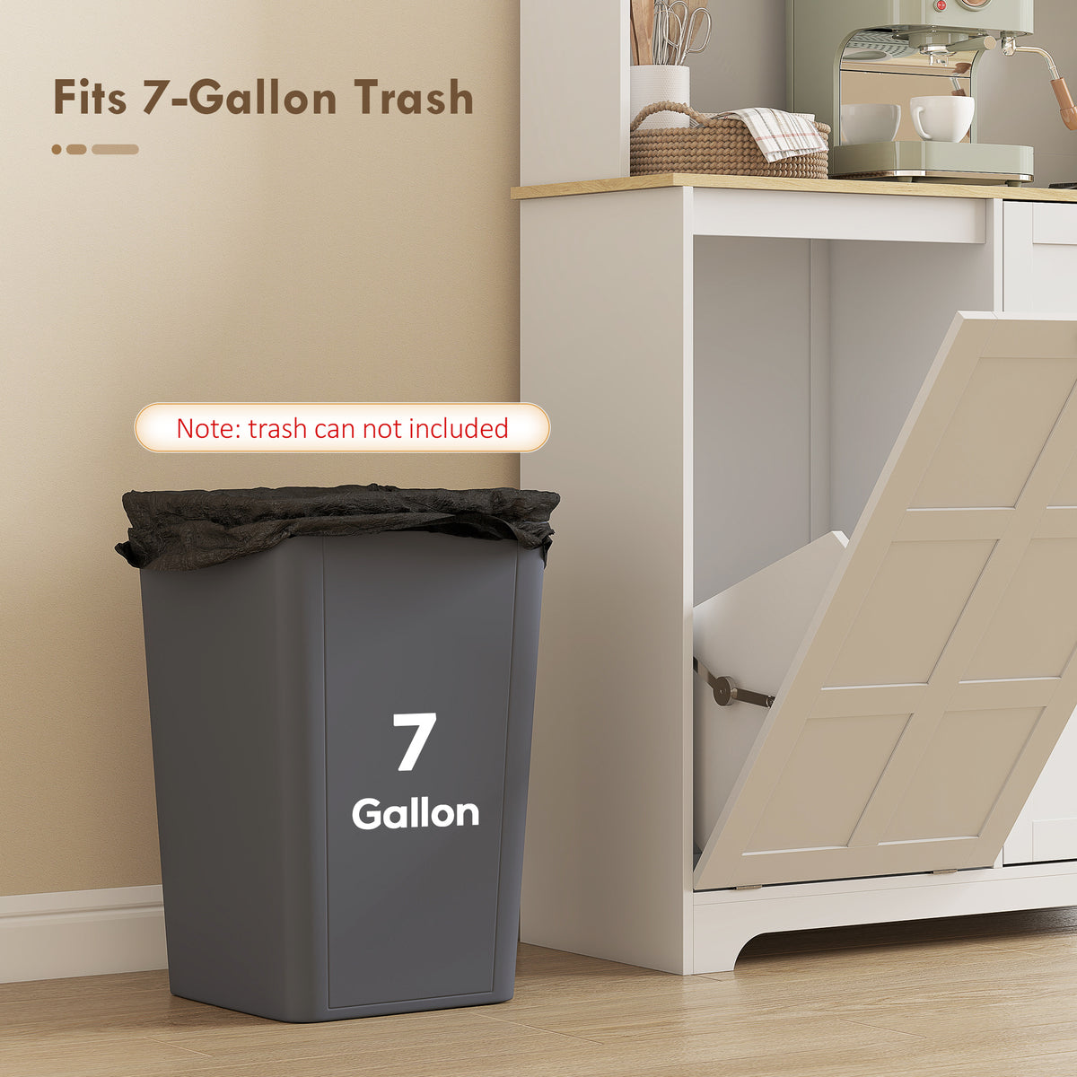 Kitchen Pantry Cabinet - White with Charging, 7-Gallon Trash, Shelves-Pantry Cabinets-DECOROLALA