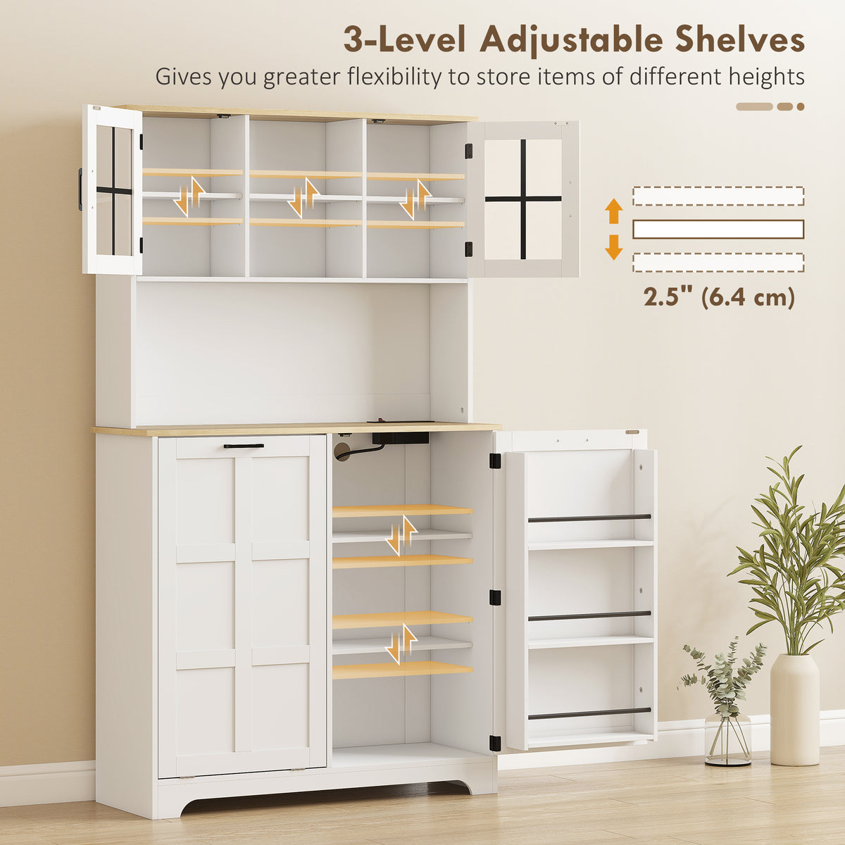 Kitchen Pantry Cabinet - White with Charging, 7-Gallon Trash, Shelves-Pantry Cabinets-DECOROLALA