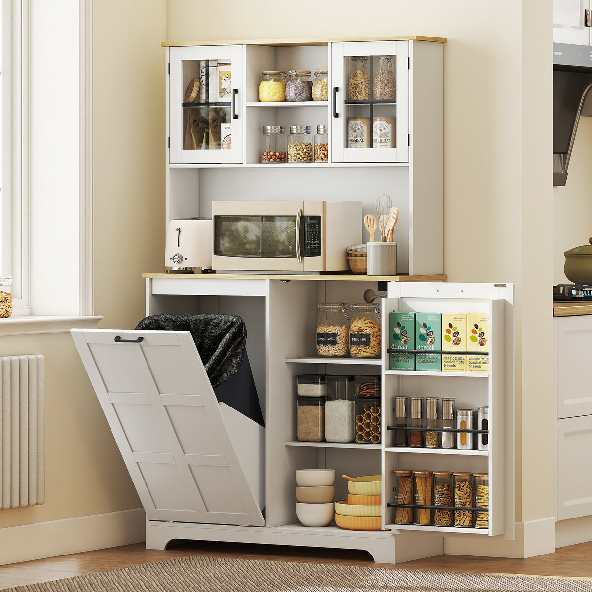 Kitchen Pantry Cabinet - White with Charging, 7-Gallon Trash, Shelves-Pantry Cabinets-DECOROLALA