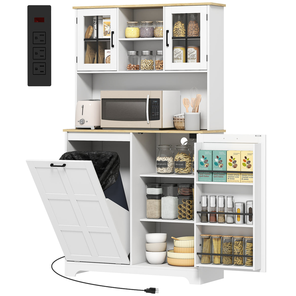 Kitchen Pantry Cabinet - White with Charging, 7-Gallon Trash, Shelves-Pantry Cabinets-DECOROLALA