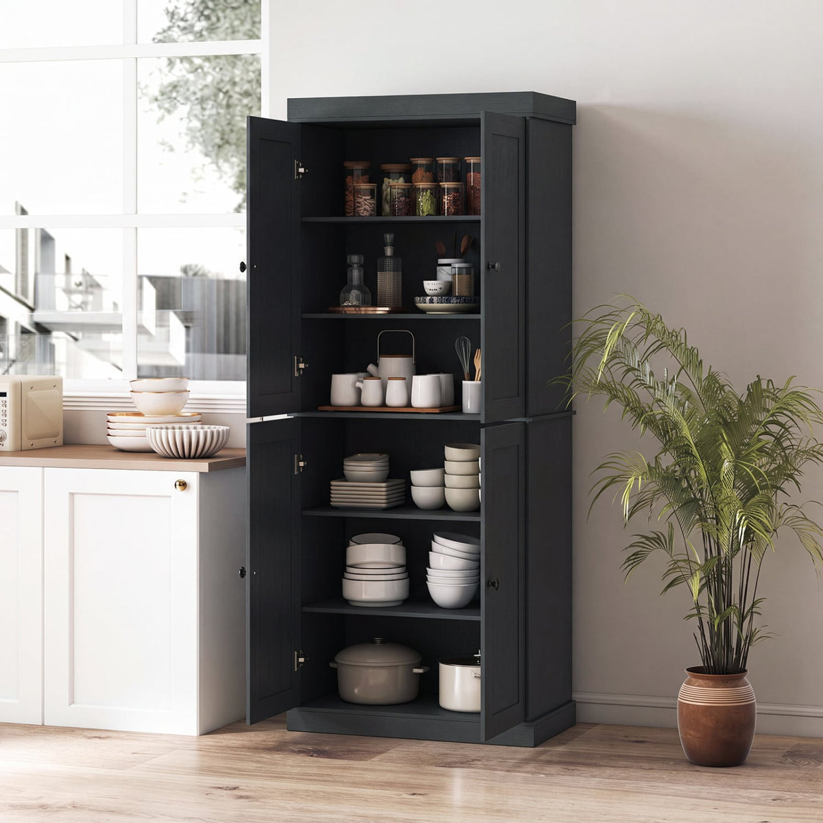 Kitchen Pantry Cabinet with 2 Adjustable Shelves and Anti-Tipping Kits for Living Room-Black-Storage Cabinets & Chests-DECOROLALA