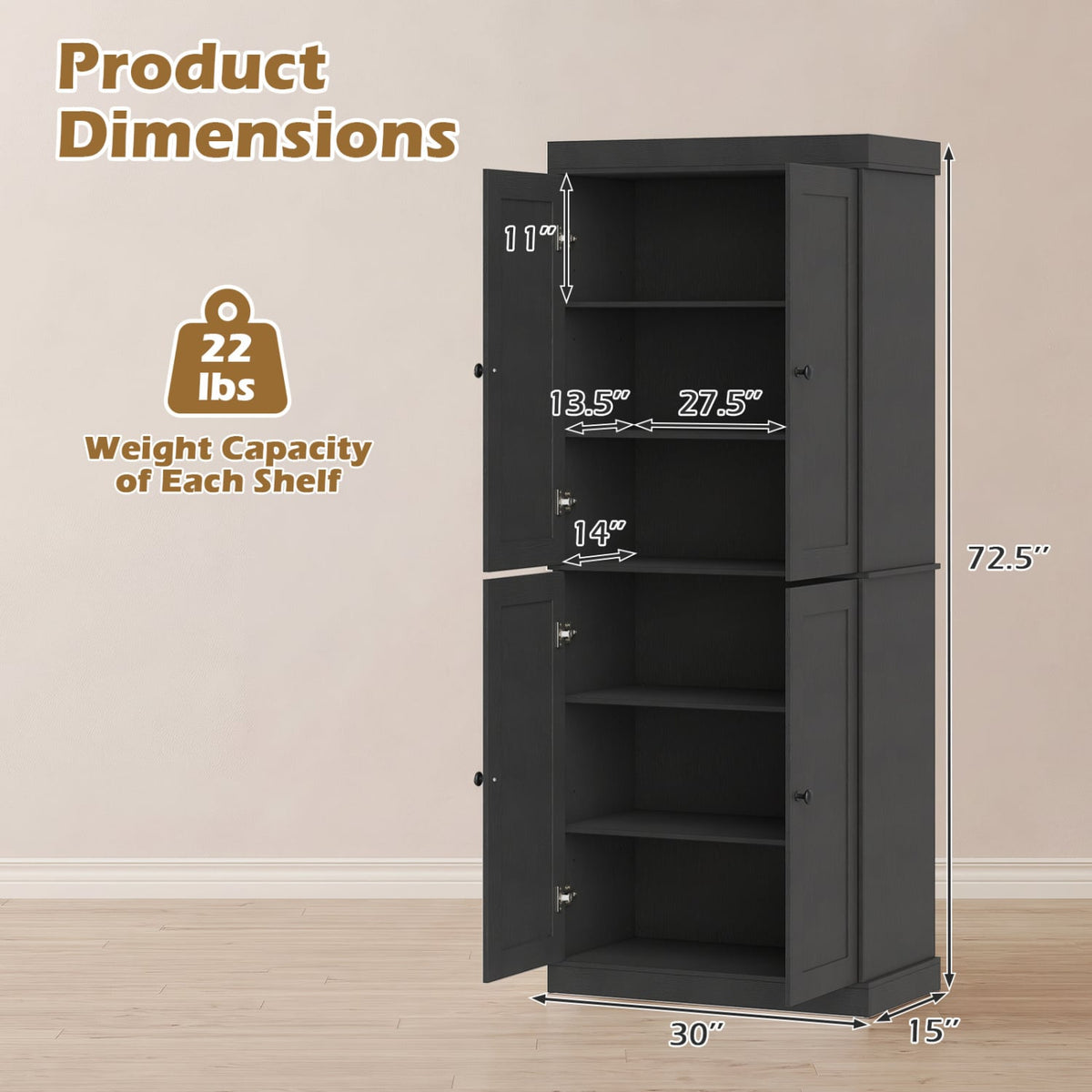 Kitchen Pantry Cabinet with 2 Adjustable Shelves and Anti-Tipping Kits for Living Room-Black-Storage Cabinets & Chests-DECOROLALA