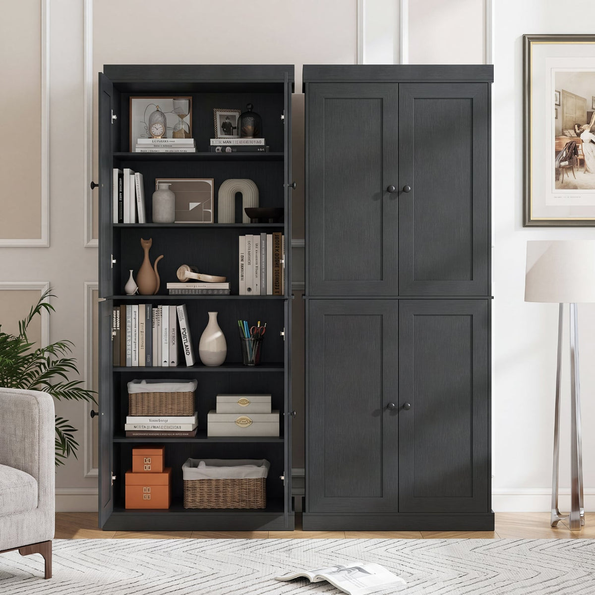 Kitchen Pantry Cabinet with 2 Adjustable Shelves and Anti-Tipping Kits for Living Room-Black-Storage Cabinets & Chests-DECOROLALA
