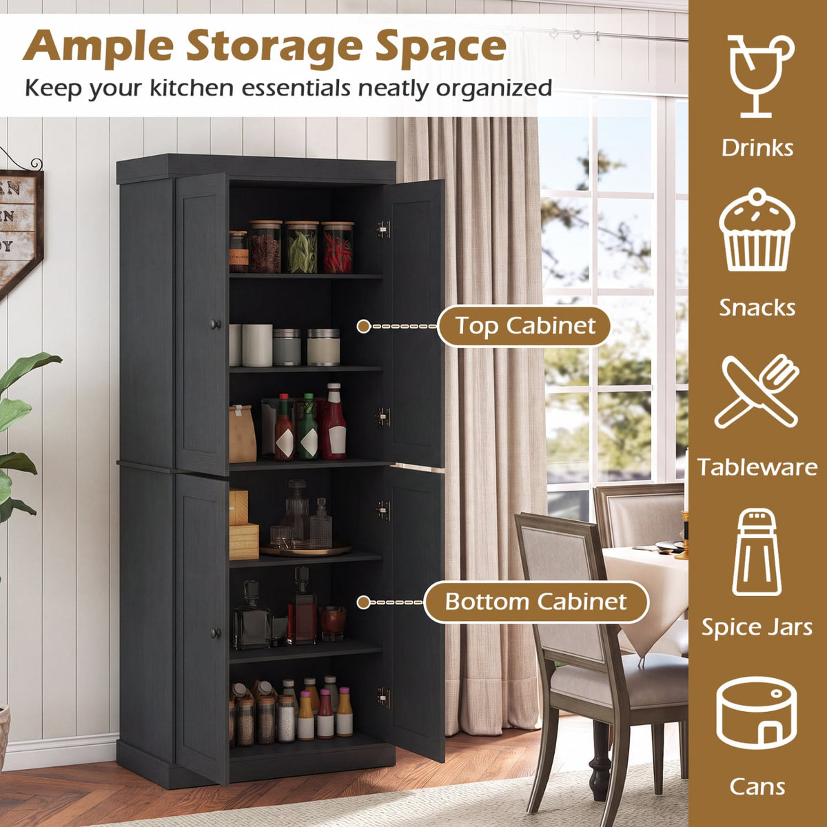 Kitchen Pantry Cabinet with 2 Adjustable Shelves and Anti-Tipping Kits for Living Room-Black-Storage Cabinets & Chests-DECOROLALA