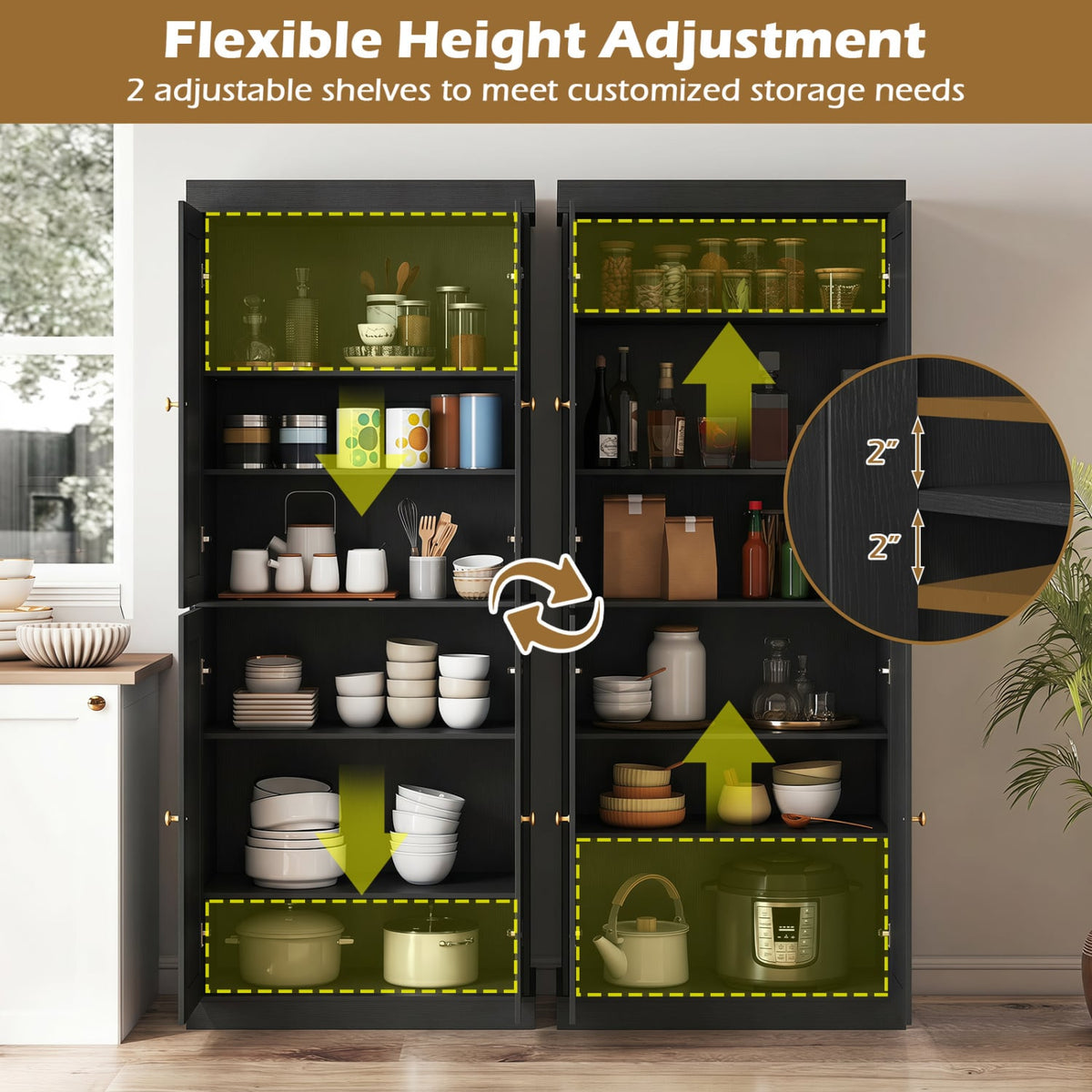 Kitchen Pantry Cabinet with 2 Adjustable Shelves and Anti-Tipping Kits for Living Room-Black-Storage Cabinets & Chests-DECOROLALA