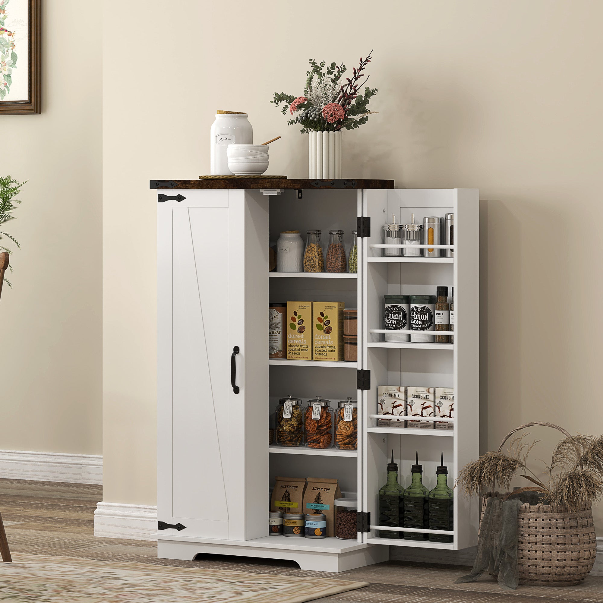 Kitchen Pantry Cabinet with 4-tier Shelving, 6 Spice Racks, Farmhouse Storage Cabinet with Adjustable Shelves, Easy Cleaning, White-Home Furnishings > Storage & Organization > Kitchen Pantry Cabinets-DECOROLALA