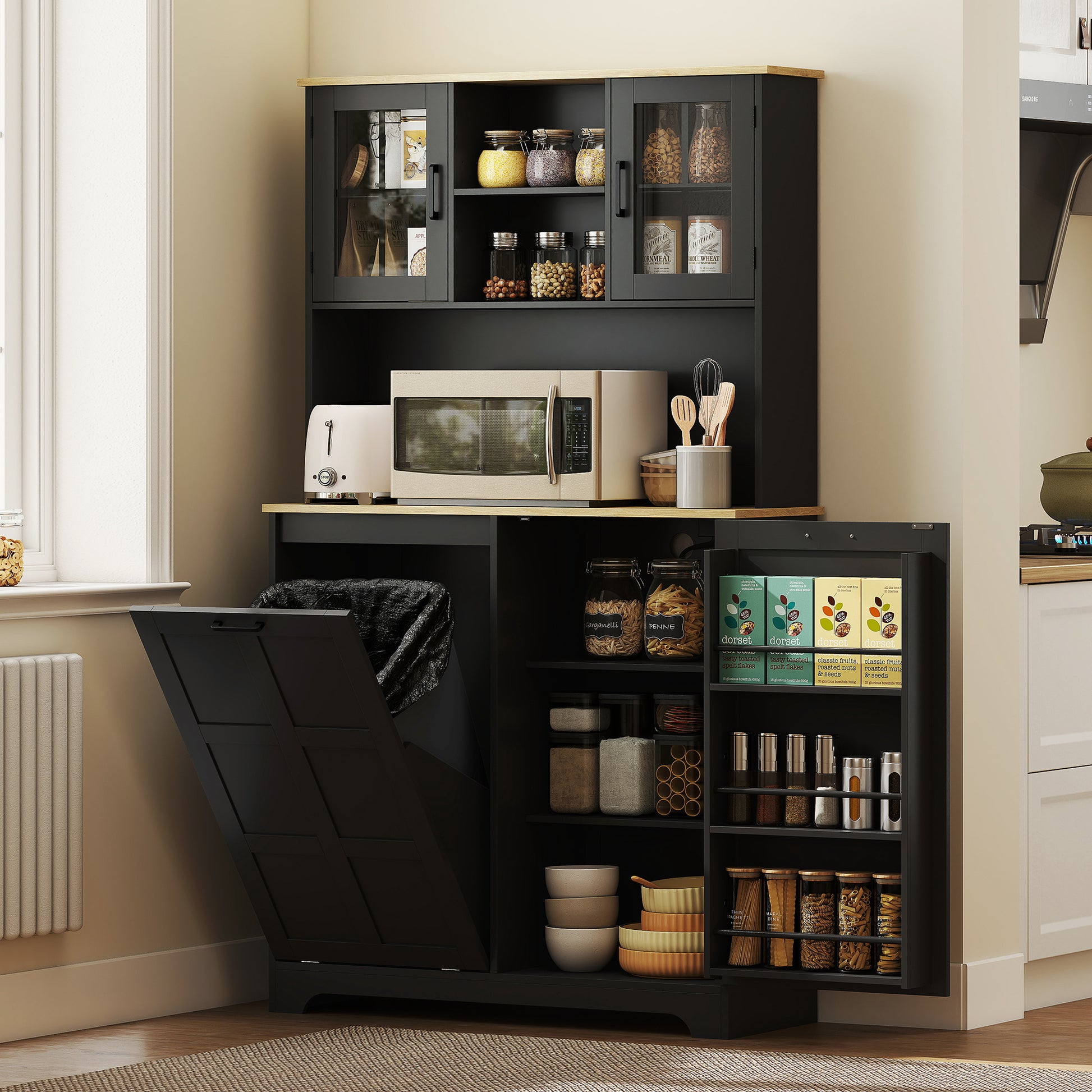 Kitchen Pantry Cabinet with Charging Station, 7 Gallon Trash Can Cabinet, Adjustable Shelves and Acrylic Doors, Black-Home Furnishings > Storage & Organization > Kitchen Pantry Cabinets-DECOROLALA