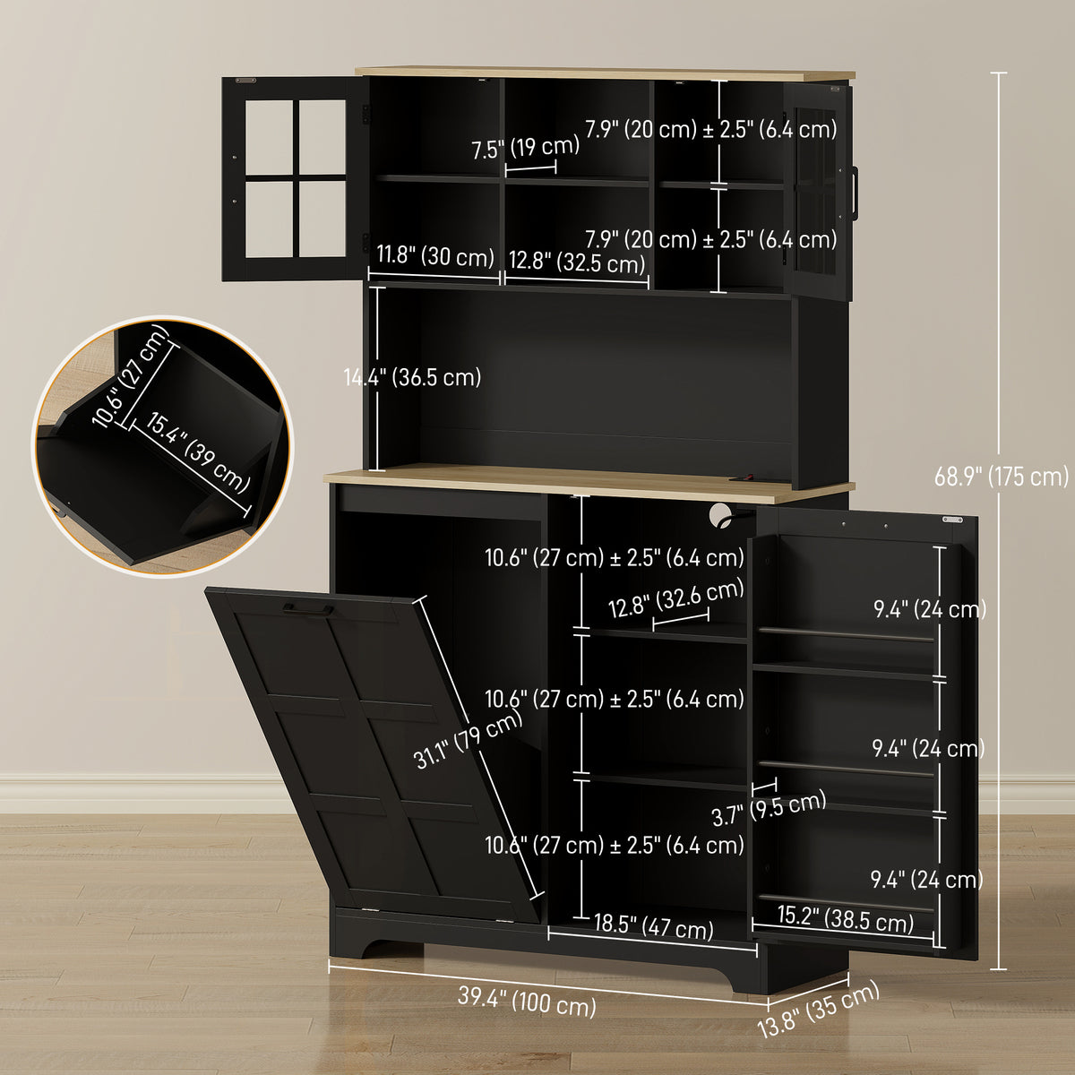 Kitchen Pantry Cabinet with Charging Station & Trash Bin - Black-Home Furnishings > Storage & Organization > Kitchen Pantry Cabinets-DECOROLALA