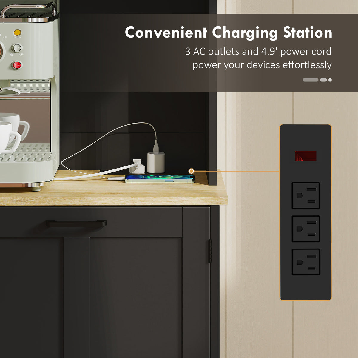 Kitchen Pantry Cabinet with Charging Station & Trash Bin - Black-Home Furnishings > Storage & Organization > Kitchen Pantry Cabinets-DECOROLALA