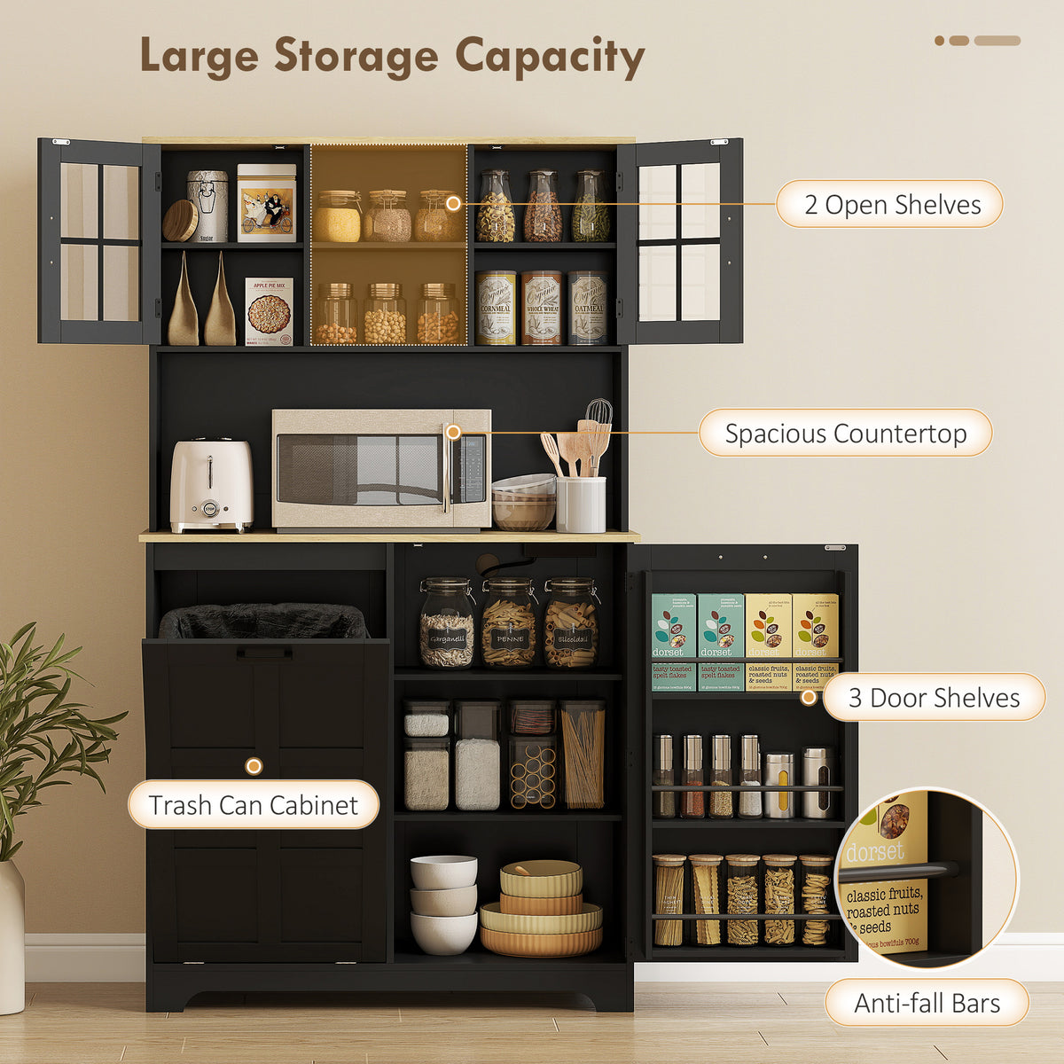 Kitchen Pantry Cabinet with Charging Station & Trash Bin - Black-Home Furnishings > Storage & Organization > Kitchen Pantry Cabinets-DECOROLALA