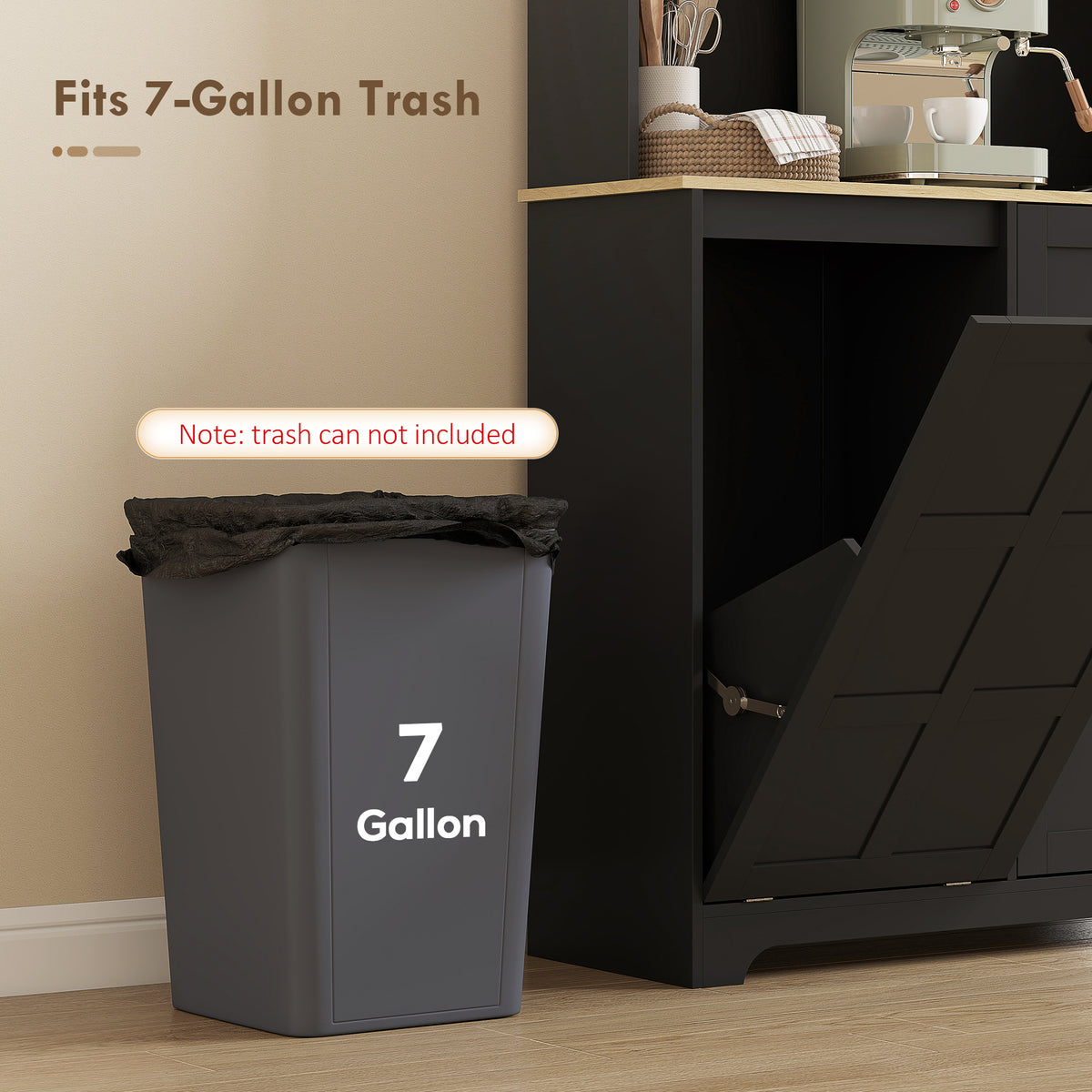 Kitchen Pantry Cabinet with Charging Station & Trash Bin - Black-Home Furnishings > Storage & Organization > Kitchen Pantry Cabinets-DECOROLALA