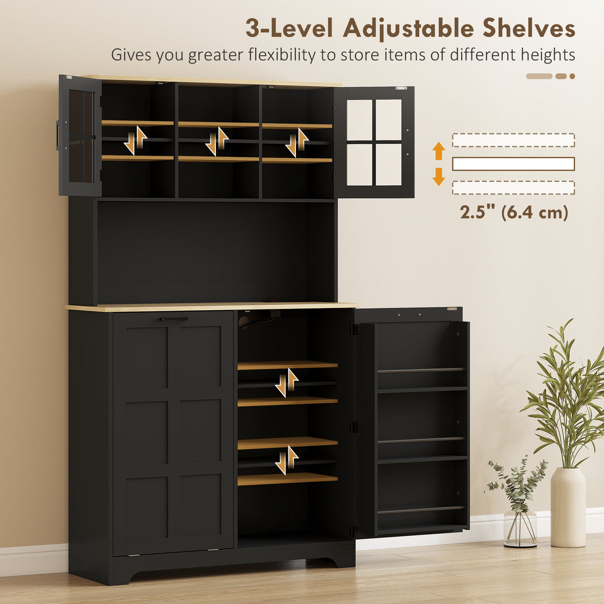 Kitchen Pantry Cabinet with Charging Station & Trash Bin - Black-Home Furnishings > Storage & Organization > Kitchen Pantry Cabinets-DECOROLALA