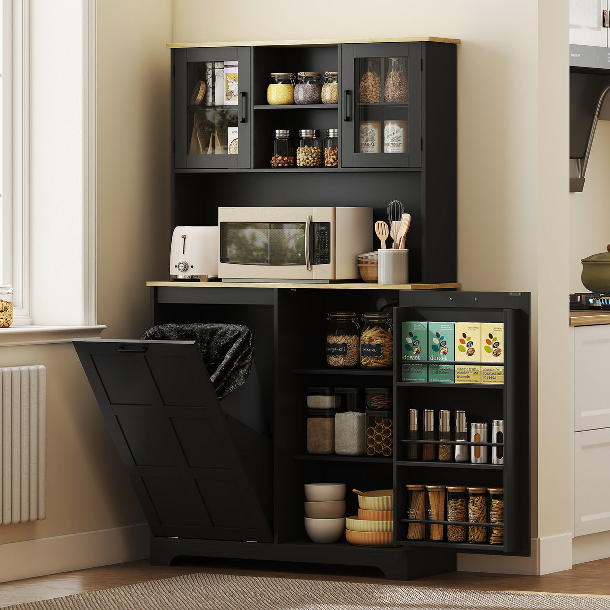 Kitchen Pantry Cabinet with Charging Station & Trash Bin - Black-Home Furnishings > Storage & Organization > Kitchen Pantry Cabinets-DECOROLALA