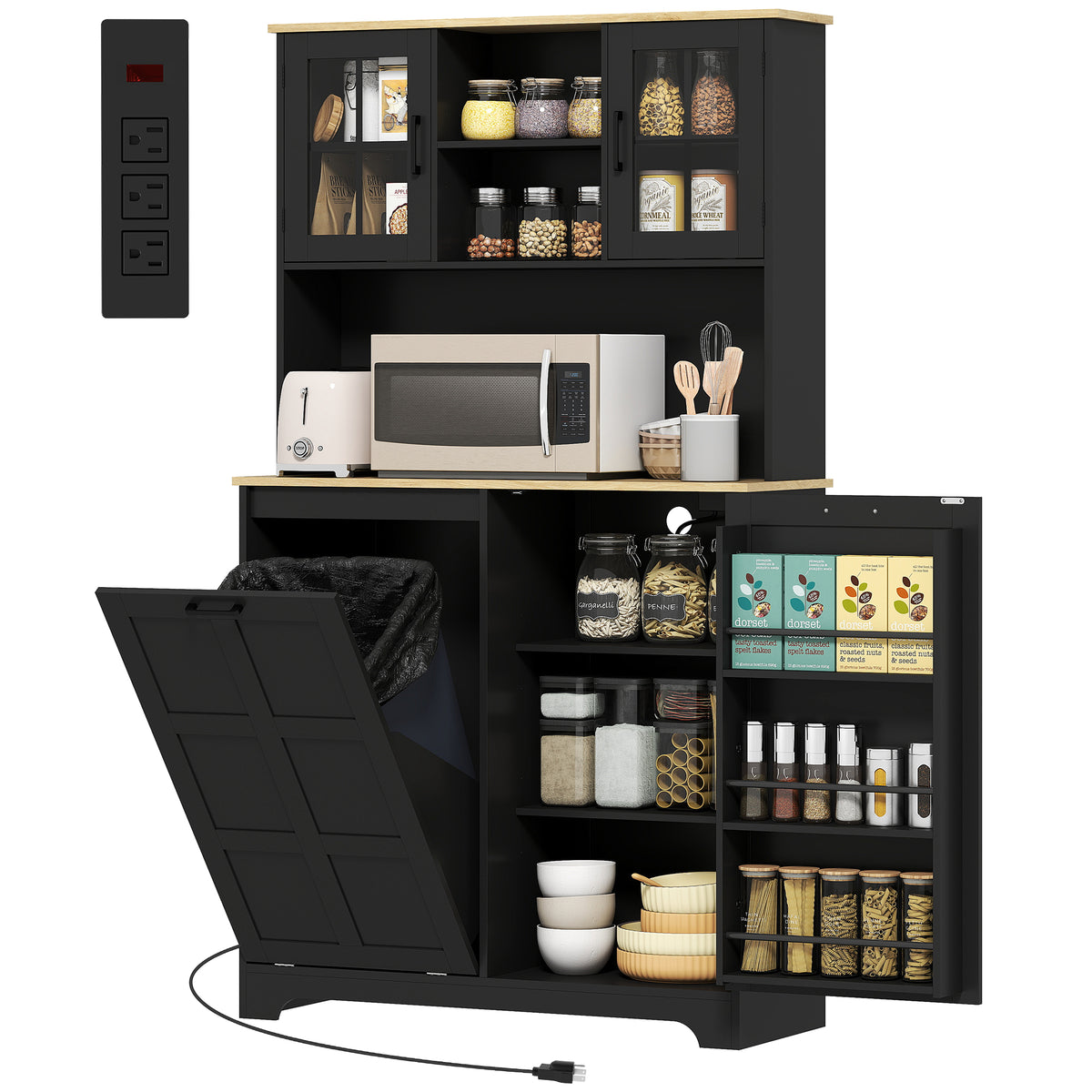 Kitchen Pantry Cabinet with Charging Station & Trash Bin - Black-Home Furnishings > Storage & Organization > Kitchen Pantry Cabinets-DECOROLALA