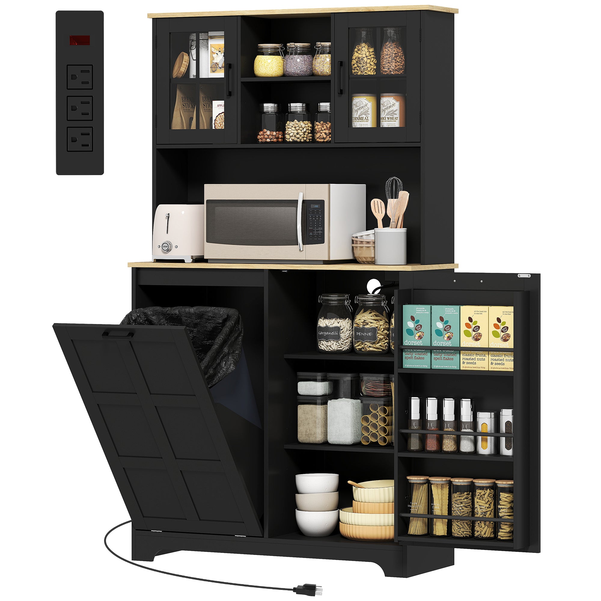 Kitchen Pantry Cabinet with Charging Station & Trash Bin - Black-Home Furnishings > Storage & Organization > Kitchen Pantry Cabinets-DECOROLALA