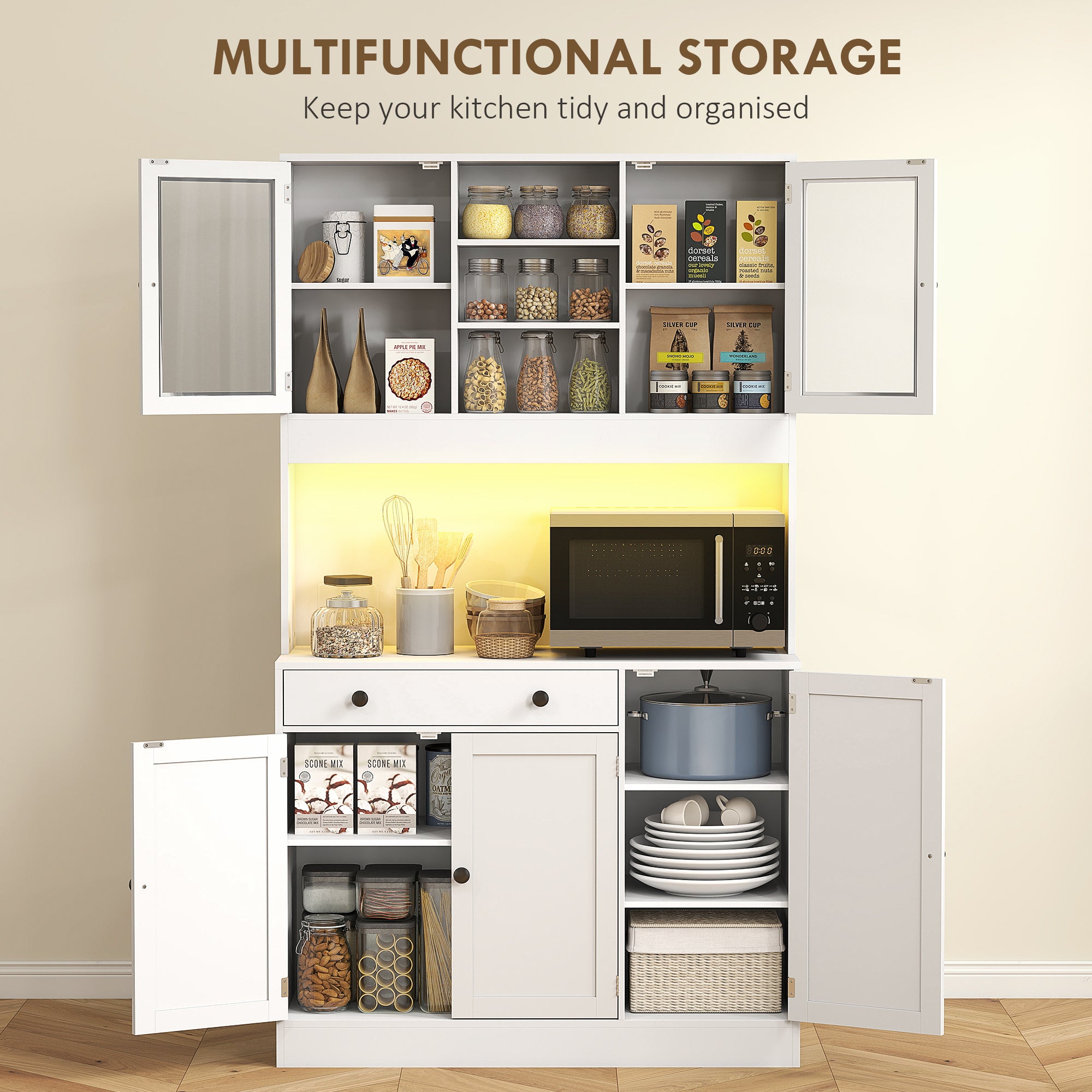 Kitchen Pantry Cabinet with LED Light - White 70.9"H-DECOROLALA