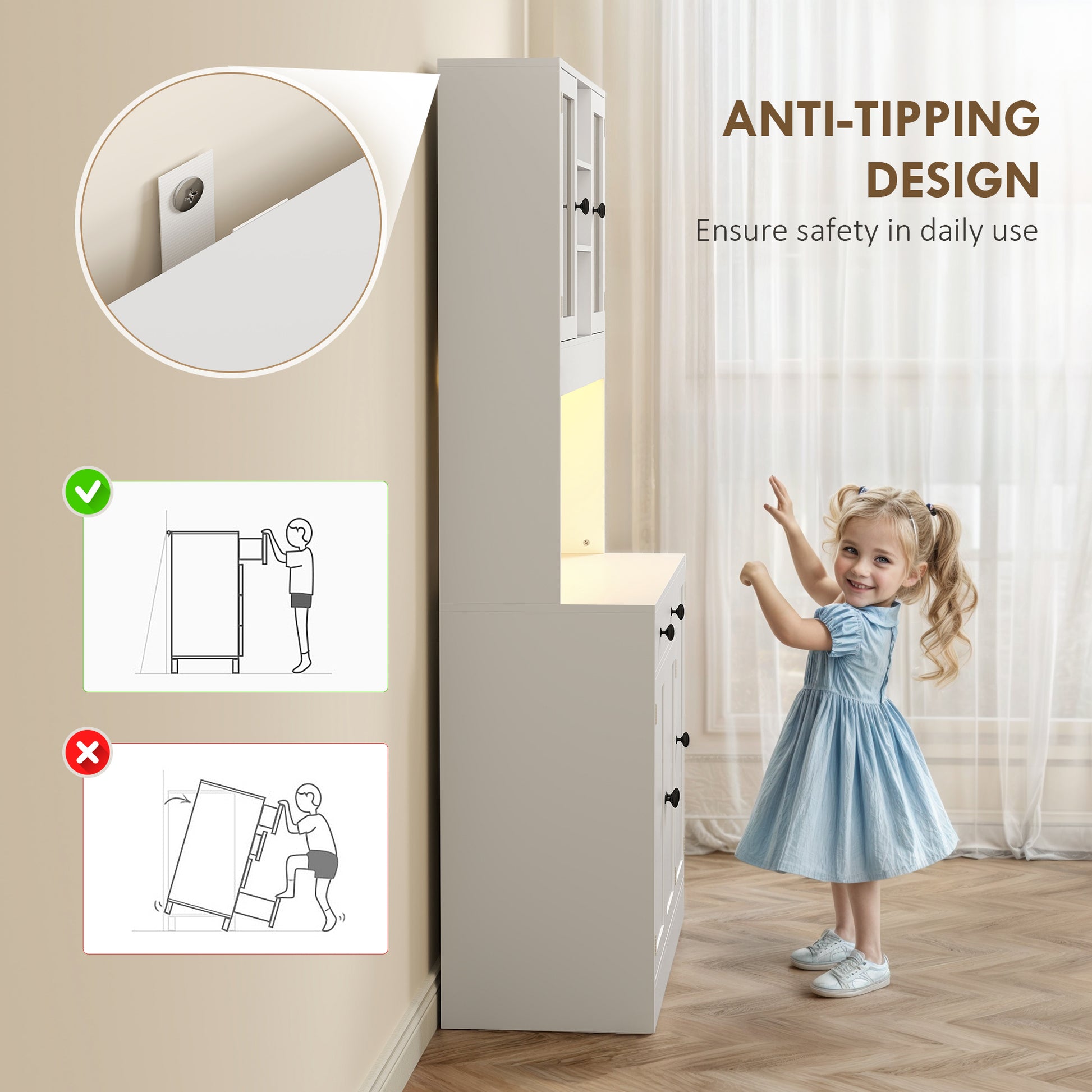 Kitchen Pantry Cabinet with LED Light - White 70.9"H-DECOROLALA