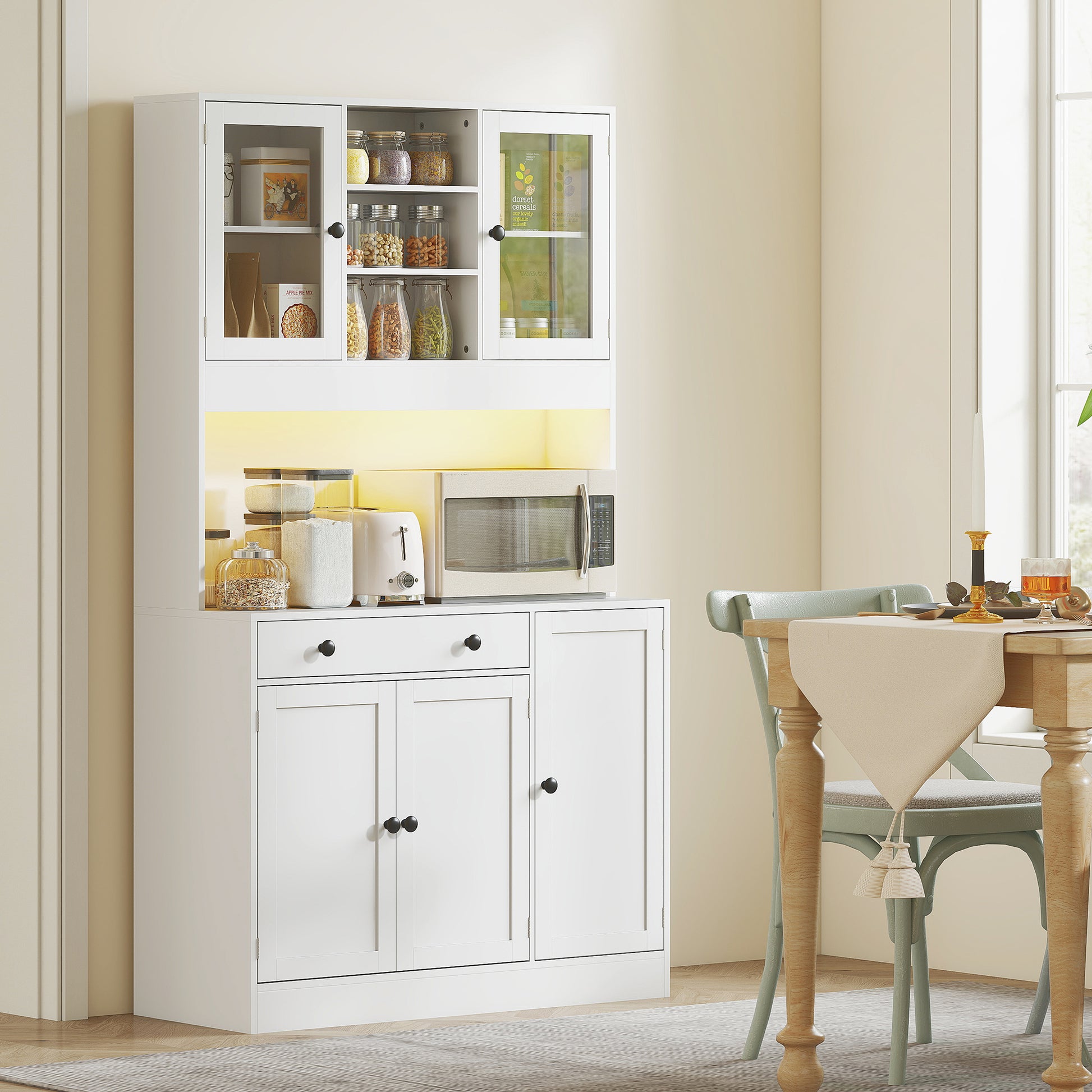 Kitchen Pantry Cabinet with LED Light - White 70.9"H-DECOROLALA