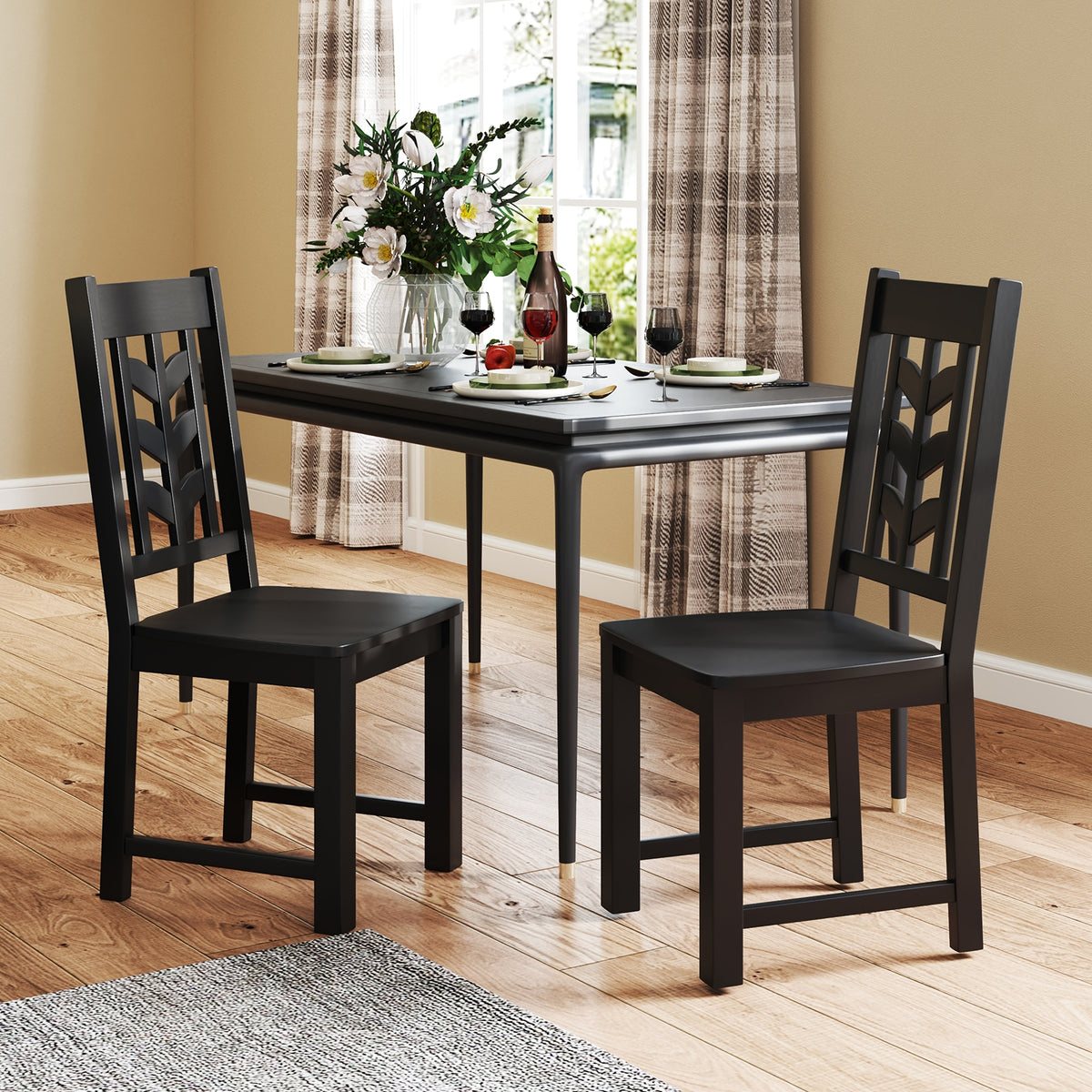 Kitchen Side Dining Chair Set of 2 with Rubber Wood Frame-Black-Dining Chairs-DECOROLALA