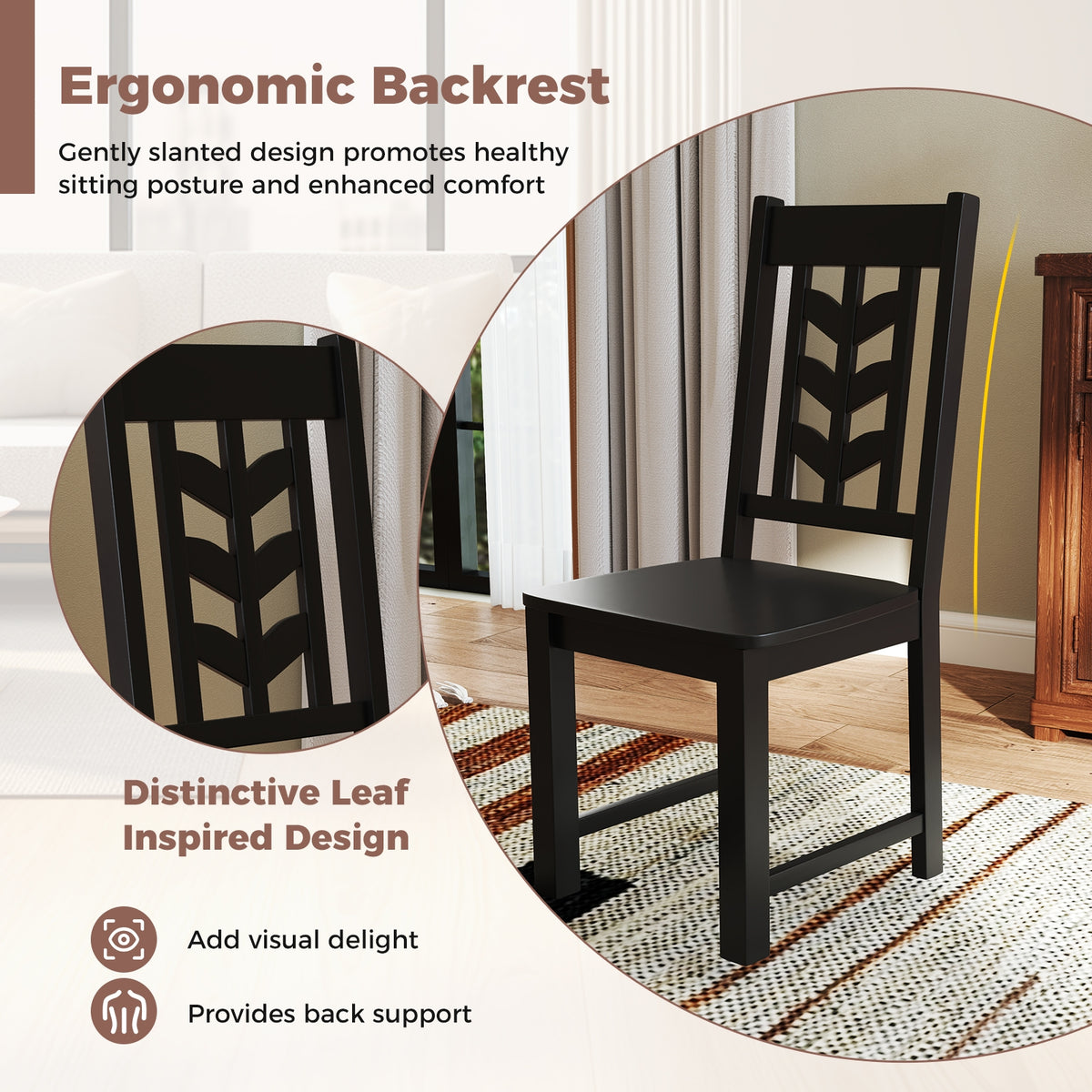 Kitchen Side Dining Chair Set of 2 with Rubber Wood Frame-Black-Dining Chairs-DECOROLALA