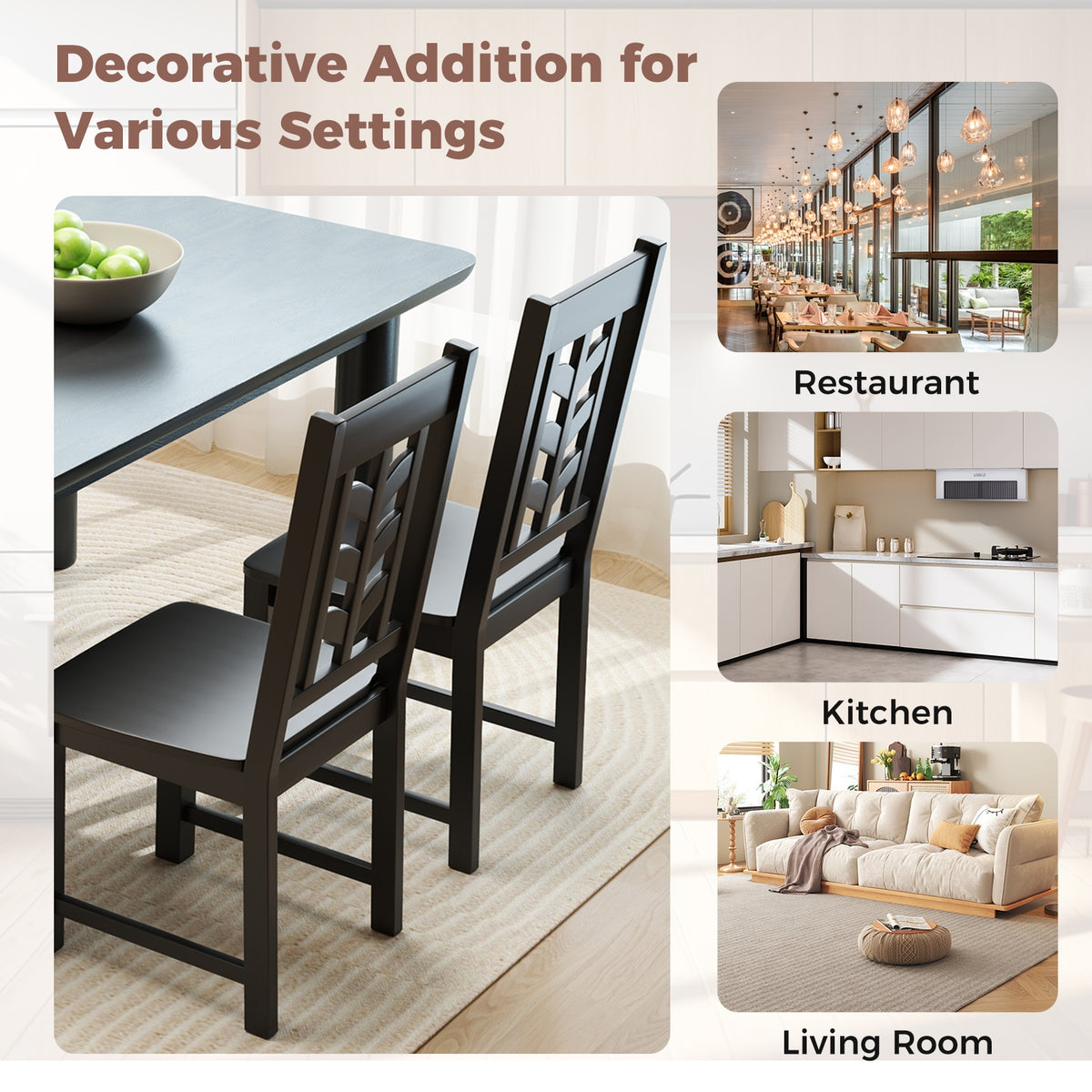 Kitchen Side Dining Chair Set of 2 with Rubber Wood Frame-Black-Dining Chairs-DECOROLALA