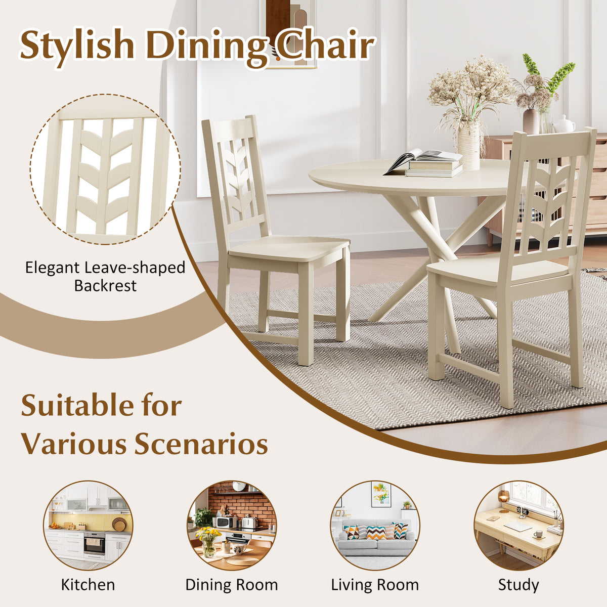 Kitchen Side Dining Chair Set of 2 with Rubber Wood Frame-Cream White-Dining Chairs-DECOROLALA