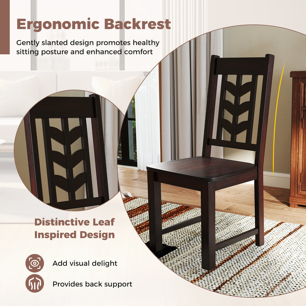 Kitchen Side Dining Chair Set of 2 with Rubber Wood Frame-Rustic Brown-Dining Chairs-DECOROLALA