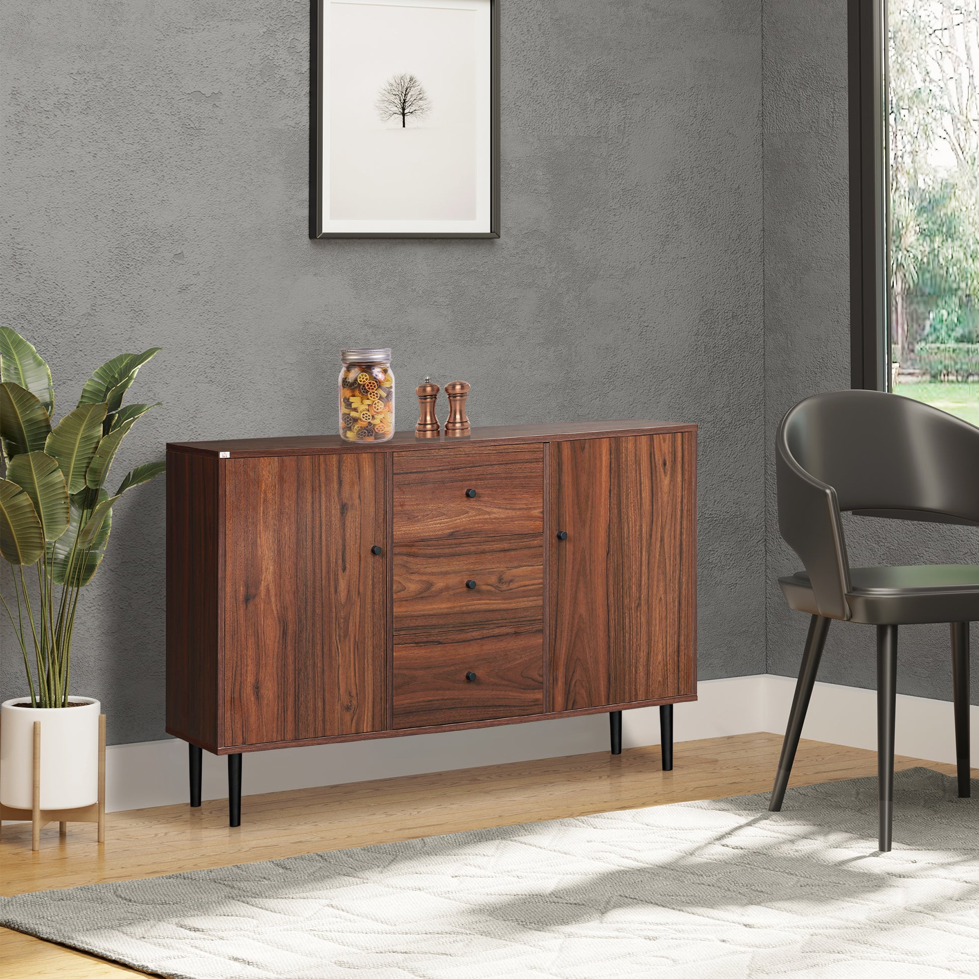Kitchen Sideboard, Buffet Cabinet Rustic Brown with 2 Cupboards, 3 Drawers, Adjustable Shelves-DECOROLALA